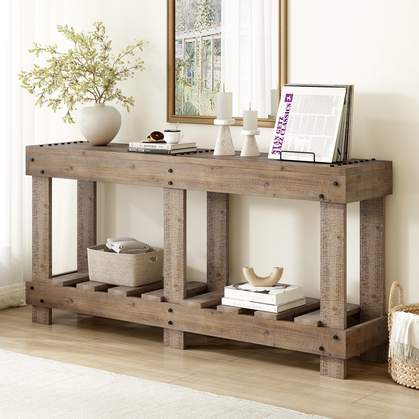 U_Style 62.9' Vintage Entryway Table - Fir Solid Wood with Natural Grain, 6 Reinforced Legs & 4.5' Thick Desktop, Metal Rivet Decor & Plank Under-Shelf, Console Table for Hallway, Living Room