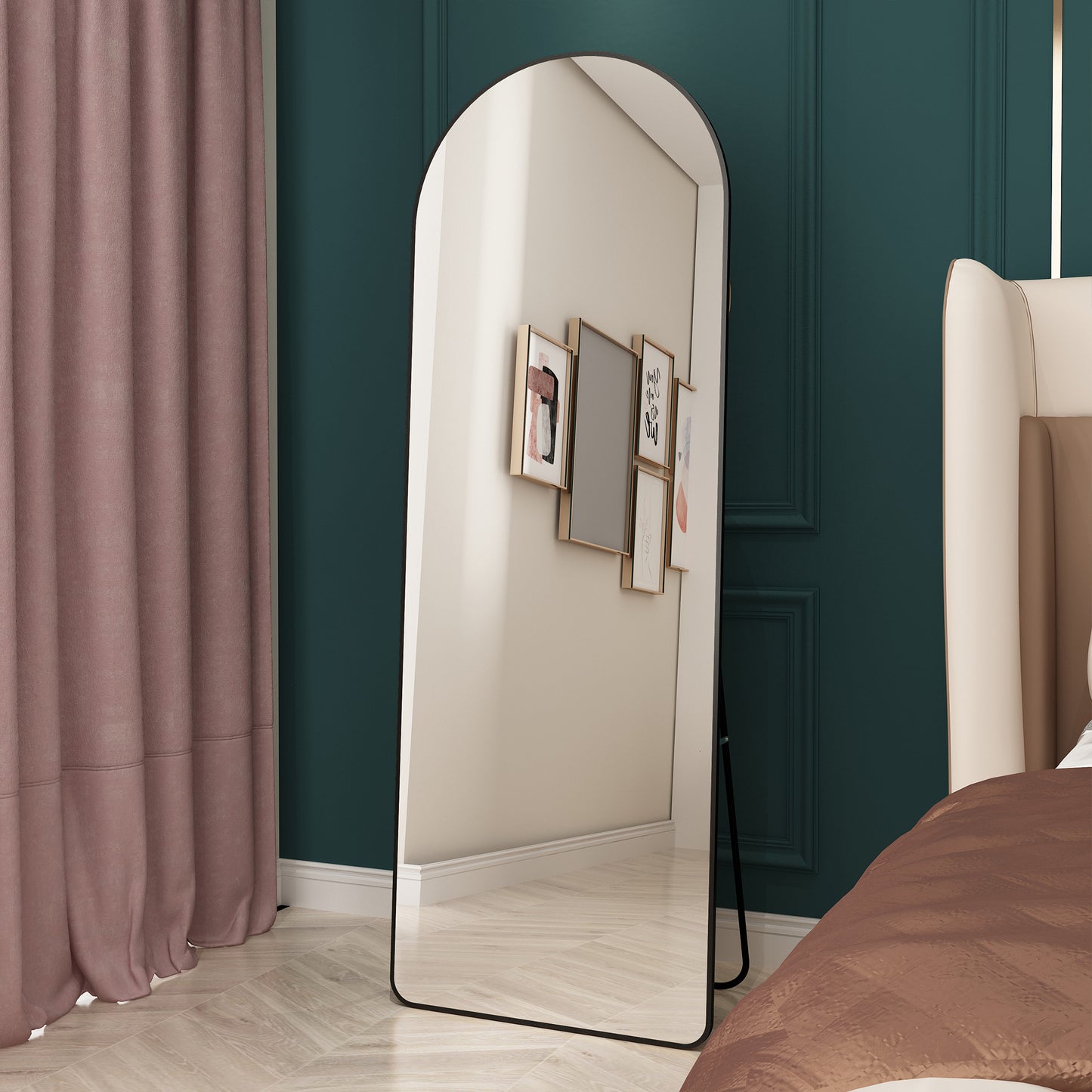 The 4st generation of floor mounted full length mirrors. Aluminum alloy metal frame arched wall mirror, bathroom makeup mirror, bedroom porch, clothing store, wall mounted. Black 65 '* 23' W1151125604