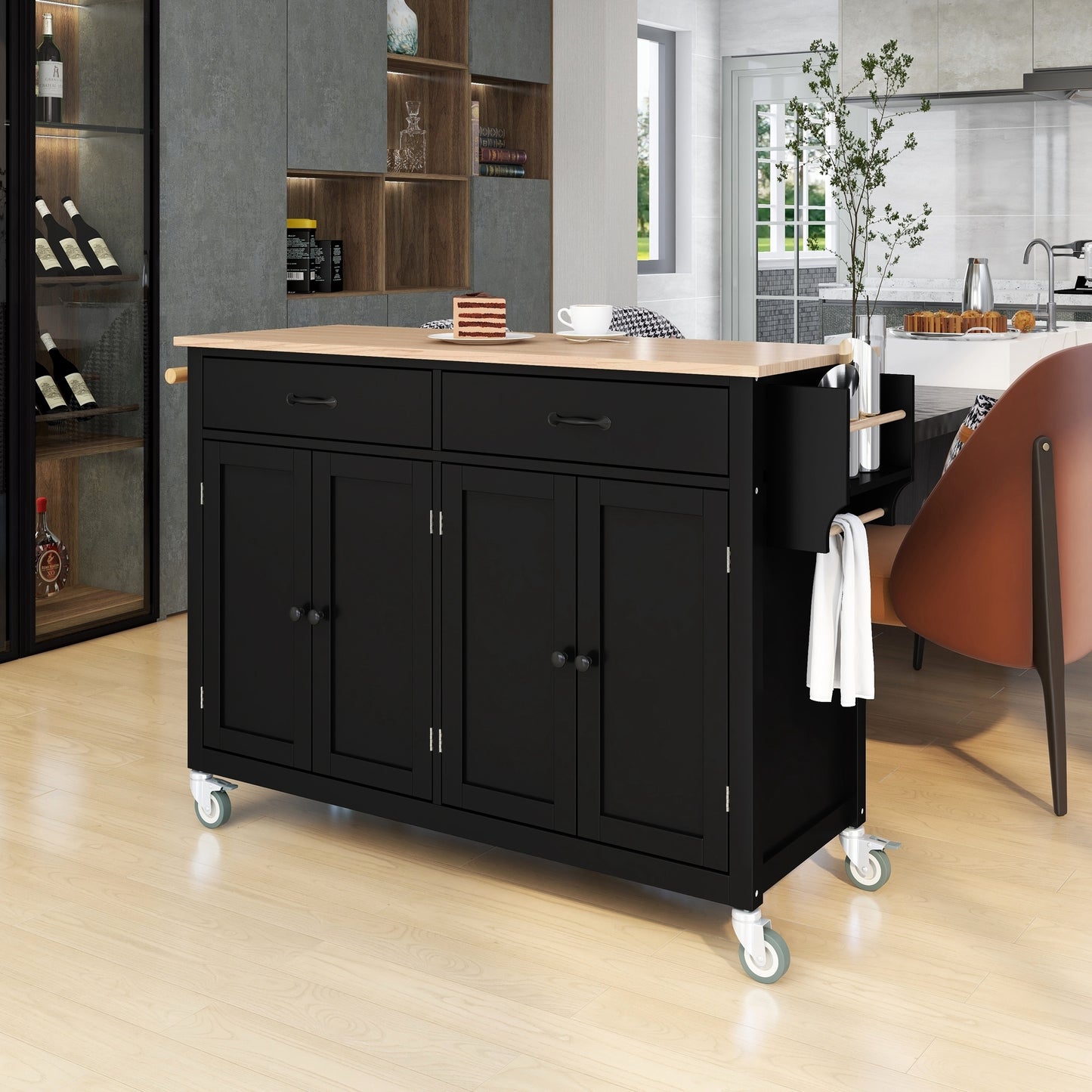 Kitchen Island Cart with Solid Wood Top and Locking Wheels,54.3 Inch Width,4 Door Cabinet and Two Drawers,Spice Rack, Towel Rack (Black)