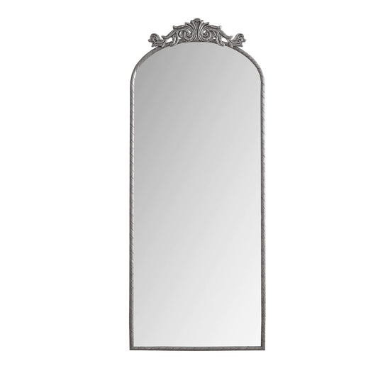 Vintage Arched Full Body Mirror 58'x24' with Antique Silver Metal Frame and Carved Applique, Wall Mounted Mirror for Living Room Bedroom Retro Decor