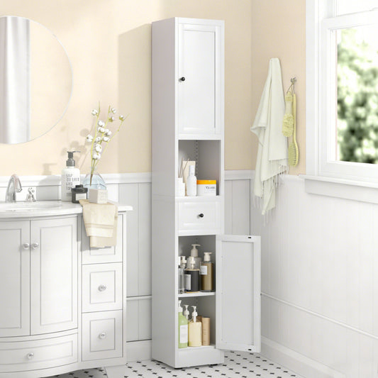71 Inch Tall Bathroom Storage Cabinet, 5-Tier Narrow Metal Cabinet with 2 Doors & Adjustable Shelves, Freestanding Cabinet for Space Saving in Kitchen, Laundry Room, Pantry, White