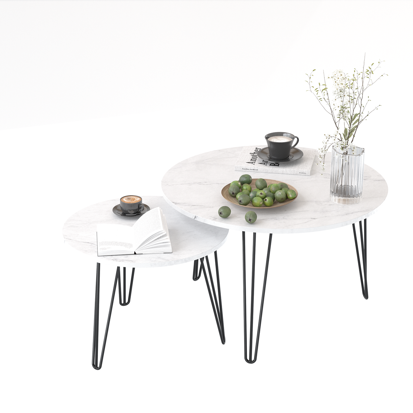 27.56'' Round Nesting Coffee Table Set of 2,  Circular Nesting End Table Set, Round Marble Tabletop, and Sturdy Metal Base for Living Room, bedroom, White