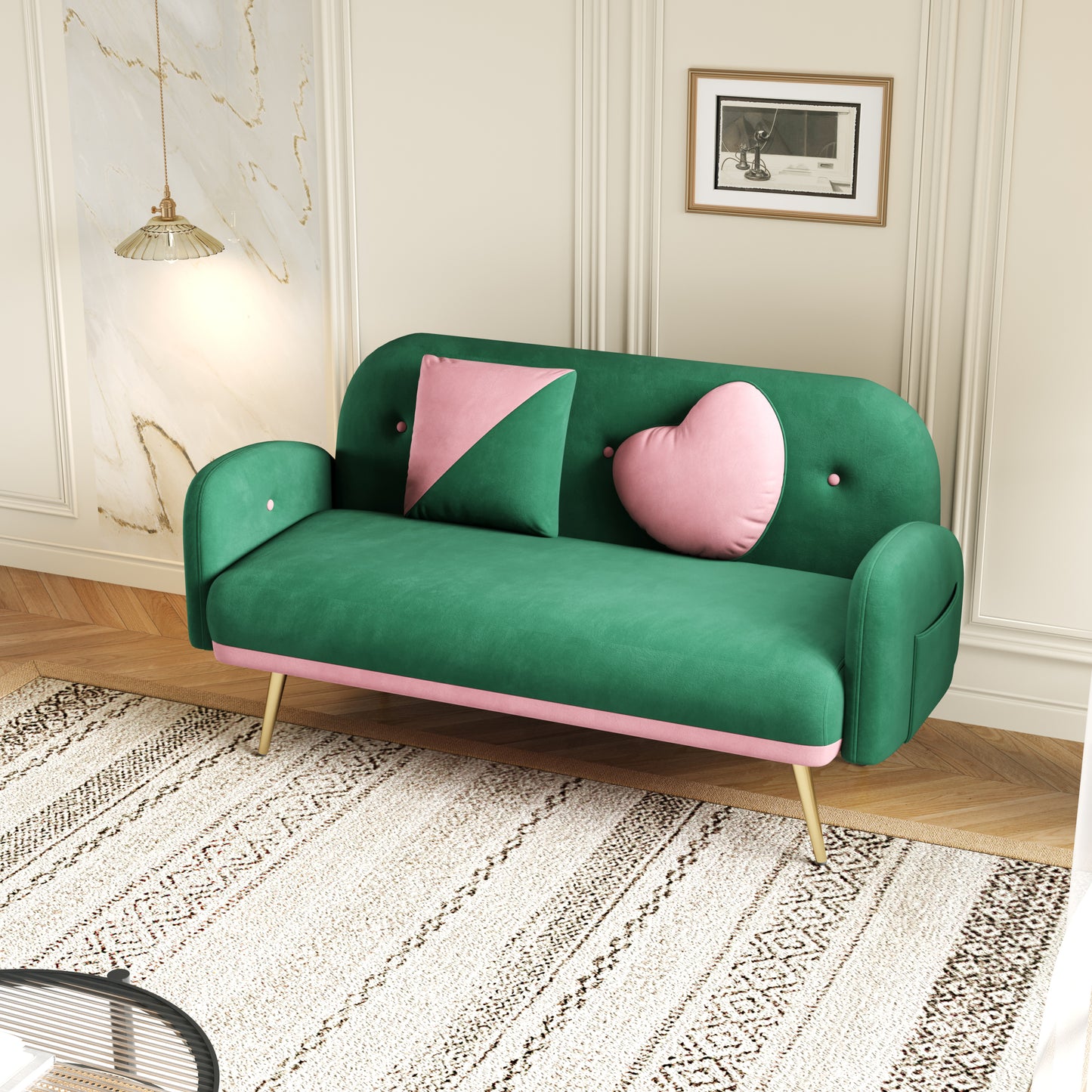 2156 sofa includes 2 pillows 58" green velvet sofa for small spaces