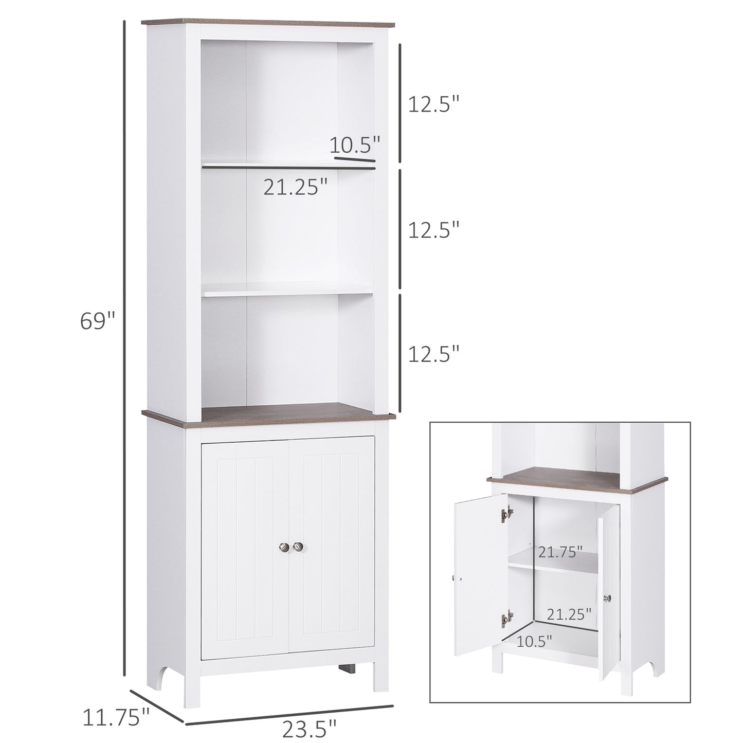 69'' Freestanding Storage Cabinet, Bathroom Linen Tower, Kitchen Cupboard, Buffet Cabinet, Bookcase with Double Door 3-Tier Shelf for Home Office, White