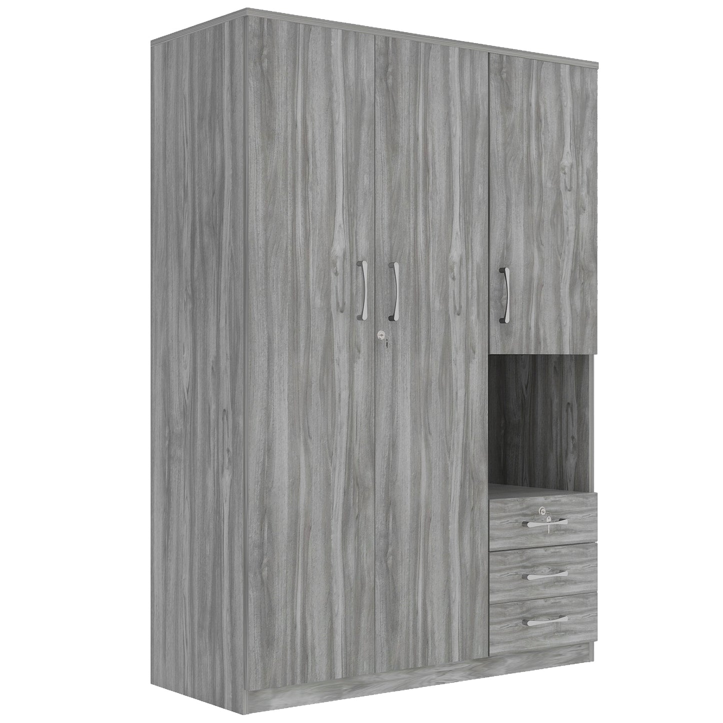 2-Doors Wooden Wardrobe Storage for Bedroom, with Shelves and 3 Drawers, Gray