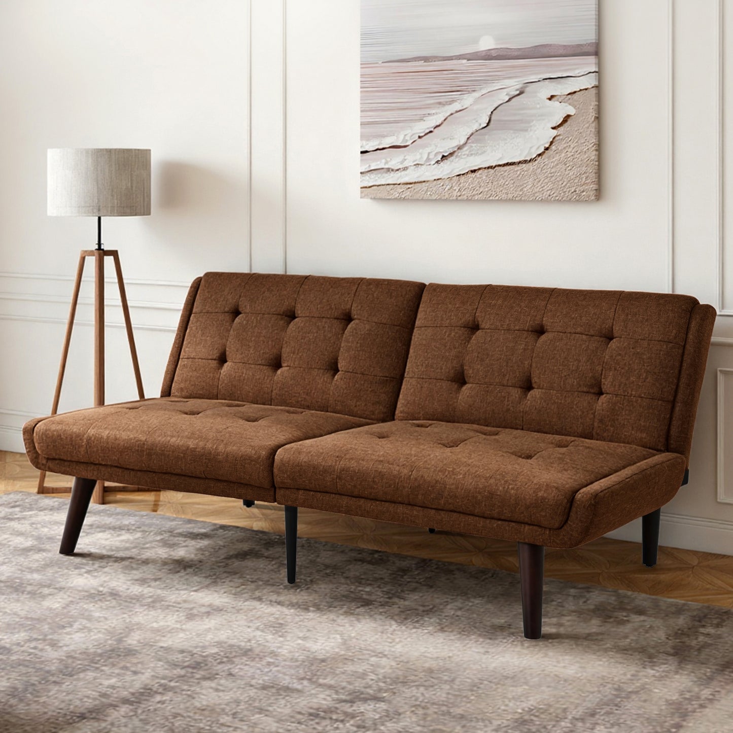 Convertible Futon Sofa Bed, 63' Sleeper Couch with 5-Position Adjustable Backrest, Modern Loveseat for Small Spaces, Guest Bed & Living Room, Brown
