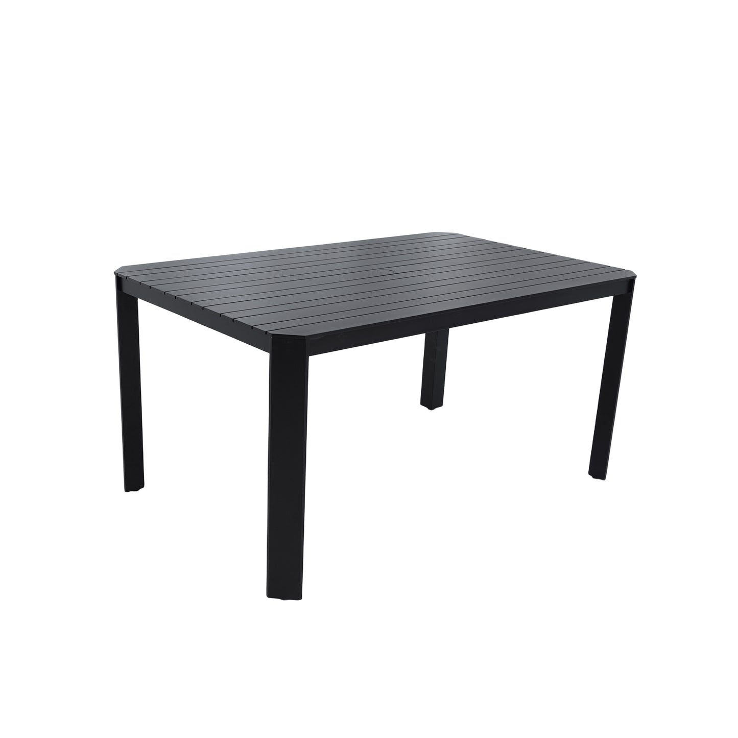 Modern Outdoor Aluminum Table with Alternating Wide and Narrow Slats, Angled Corners, 2' Big Umbrella Hole, and Adjustable Non-Slip Pads, Bourbon Brown