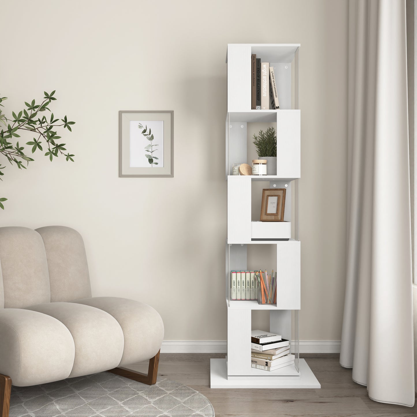 5 tier Rotating Bookshelf, Floor Rack Simple Bookcase  with Acrylic plate Student Multi-Function Creative Bookshelf for Living Room with anti-toppling base