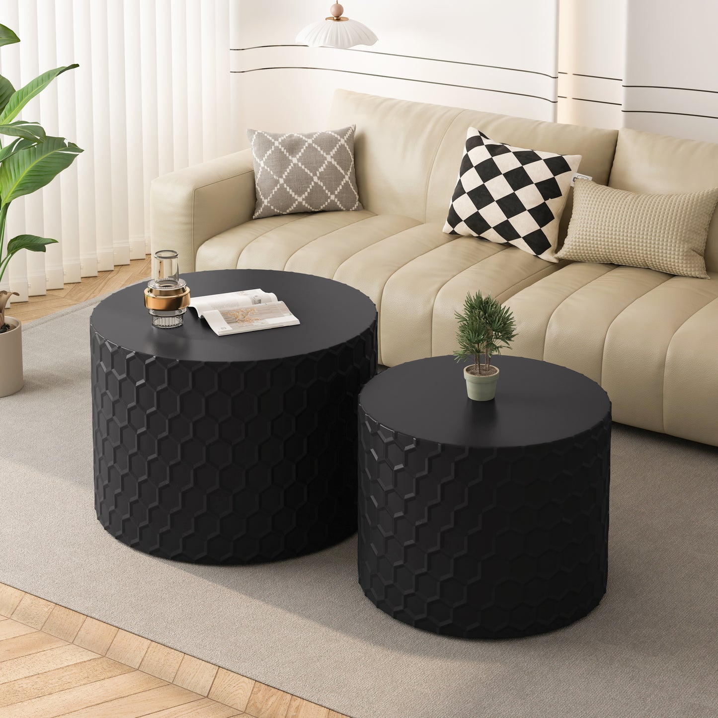 Stylish and Minimalist Nesting Coffee Table Set with Honeycomb Design, Modern Round Coffee Table, Drum Circle Coffee Table for Living Room, Bedroom, Black(Set of 2 Pieces)