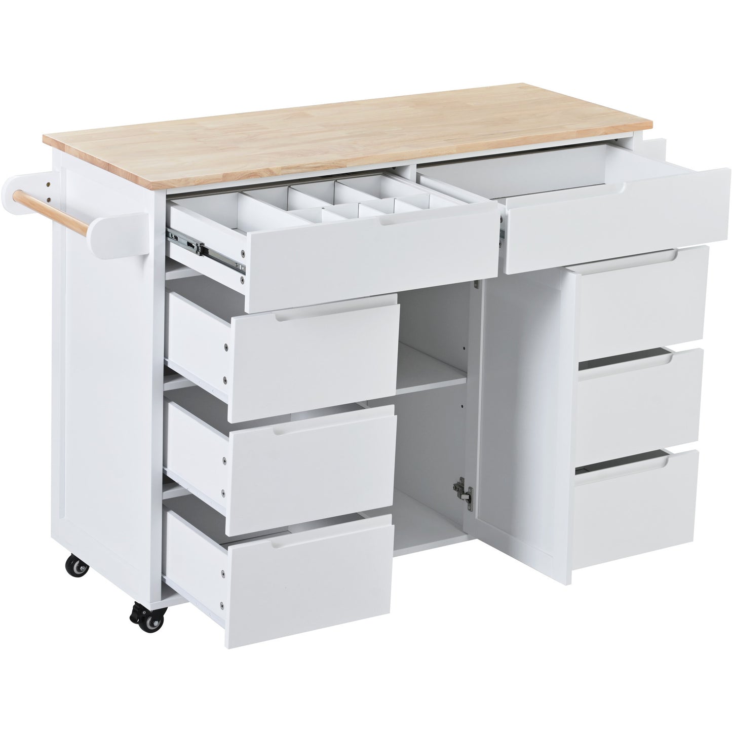 K&K Store Kitchen Cart with Rubber Wood Countertop , Kitchen Island has 8 Handle-Free Drawers Including a Flatware Organizer and 5 Wheels for Kitchen Dinning Room, White
