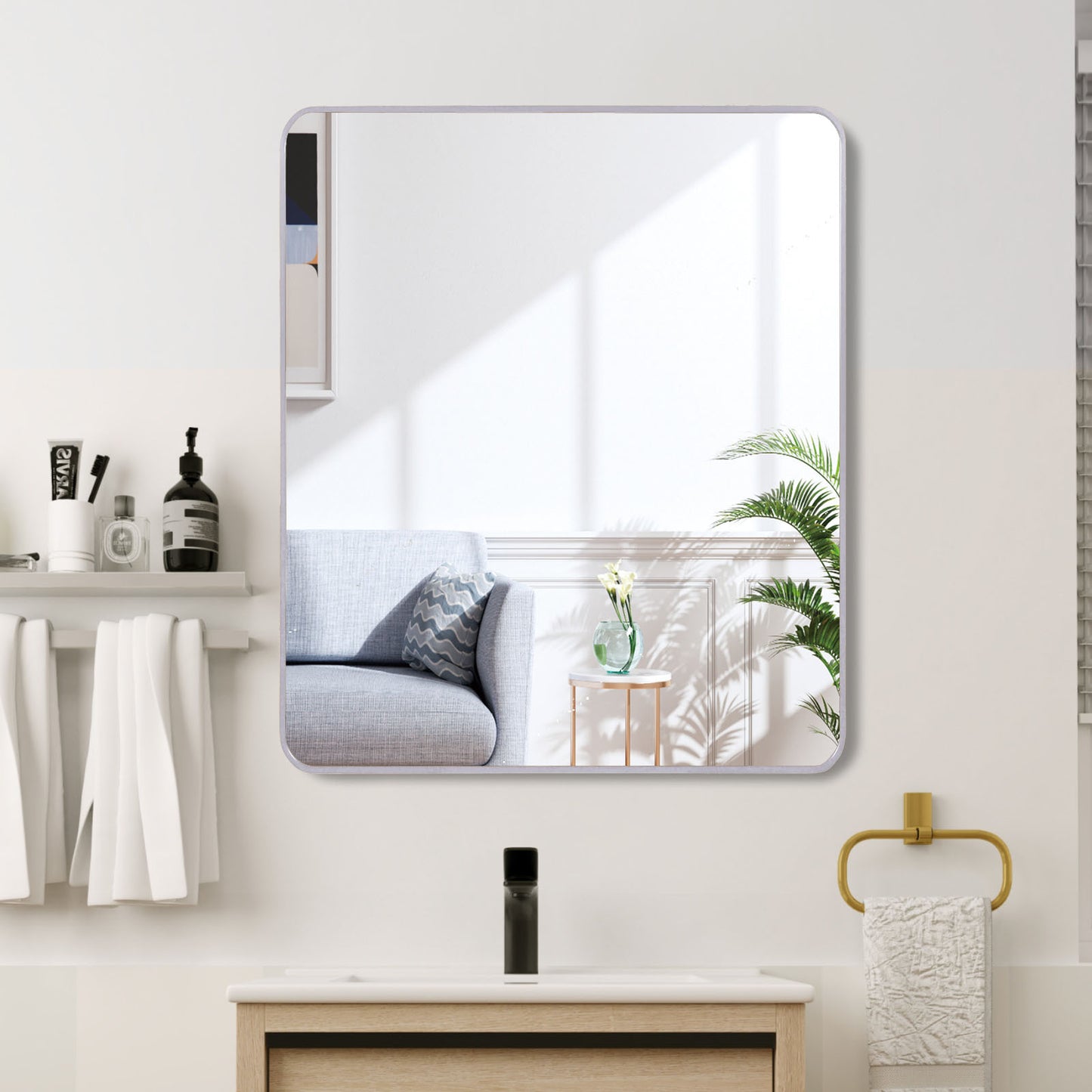 36in x 36in Inch Silver Metal Framed Square Bathrrom Mirror for Wall.