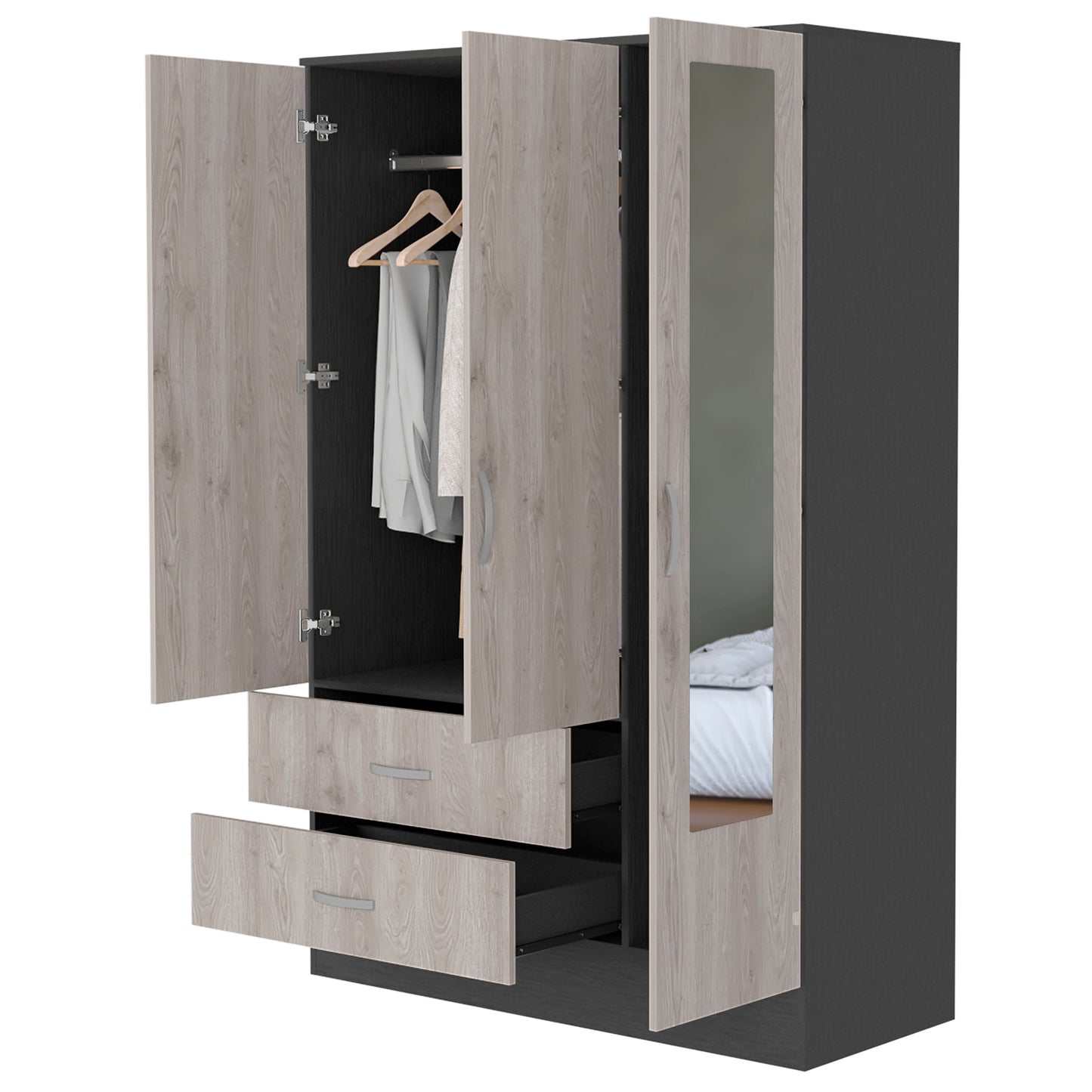 Black Rock 2-Drawer Small Armoire with Mirror Door Black Wengue and Light Gray