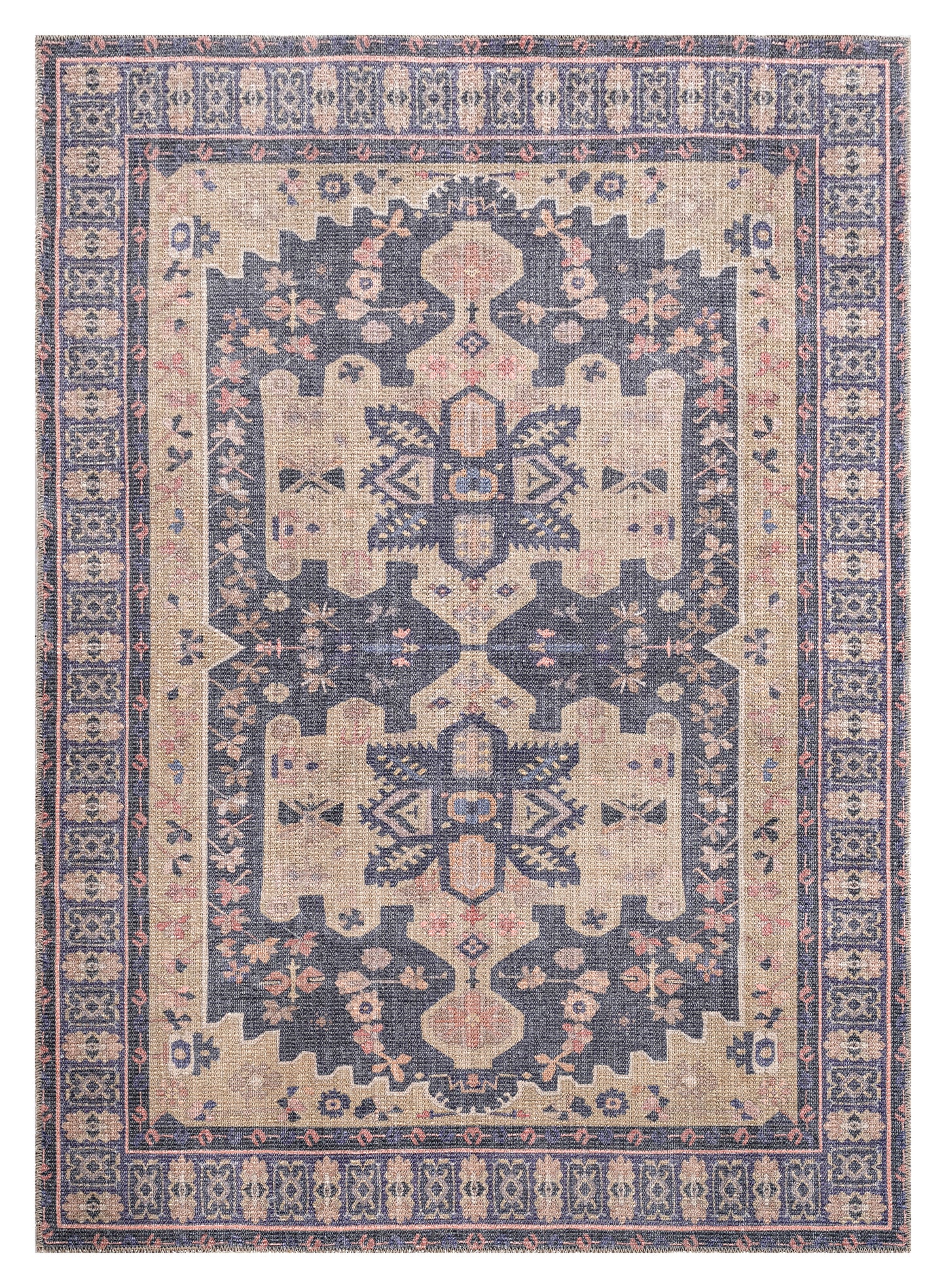 Traditional, Transitional, Oriental, Medallion, Border, Distressed Textured Cut and Loop Pile 7'6" x 10' Rectangle Area Rug