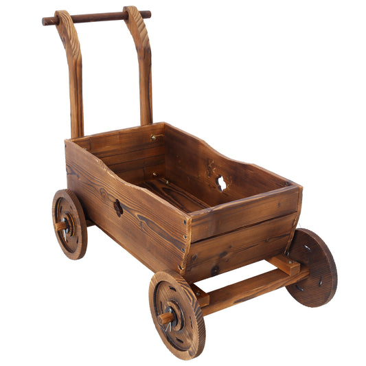 Wooden Wagon Planter Box, Mobile Garden Planter with Wheels, Handle, Drain Hole, Brown Wood, 26.5 x 14.1 x 21.2 inches