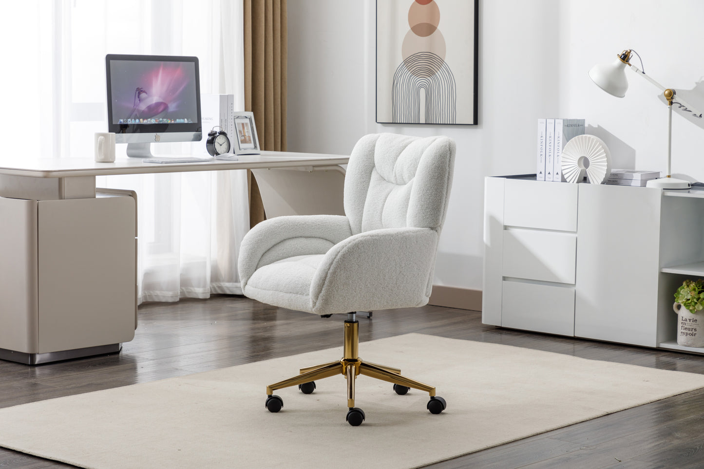 005-Teddy Fabric 360 Swivel Home Office Chair With Gold Metal Base And Universal Wheels,Ivory