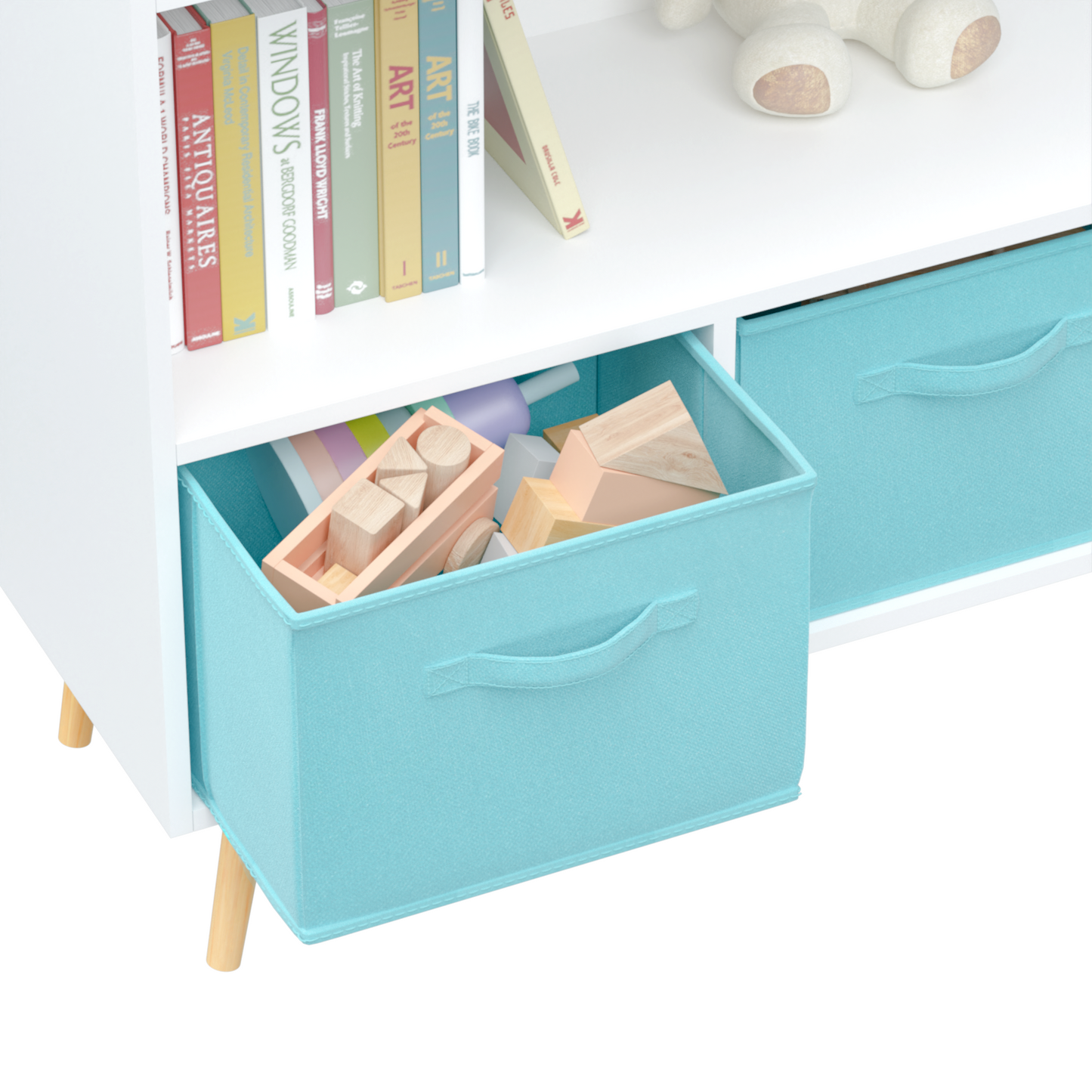 Kids bookcase with Collapsible Fabric Drawers, Children's Book Display, Toy Storage Cabinet Organizer, White/Blue