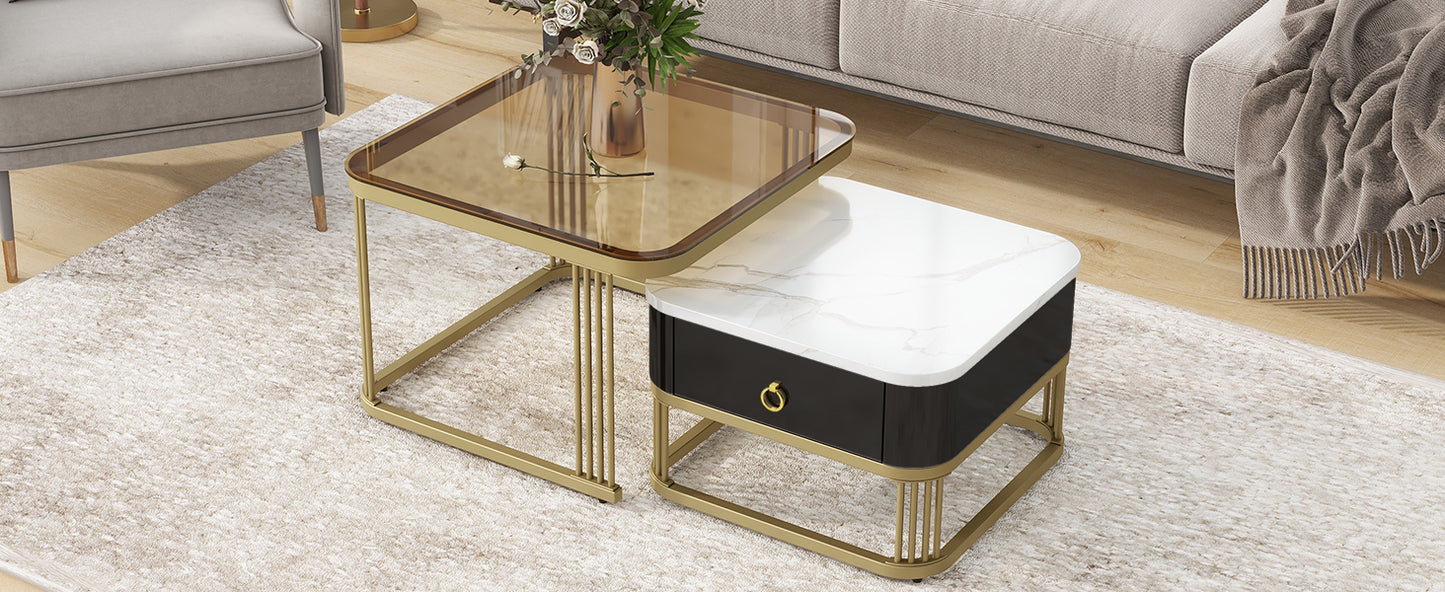 ON-TREND Nesting Coffee Table with Drawer, Set of 2, Exquisite Square Stacking Coffee Tables with Brown Tempered Glass, Side Table with High Gloss Marble Grain Tabletop for Living Room, Black