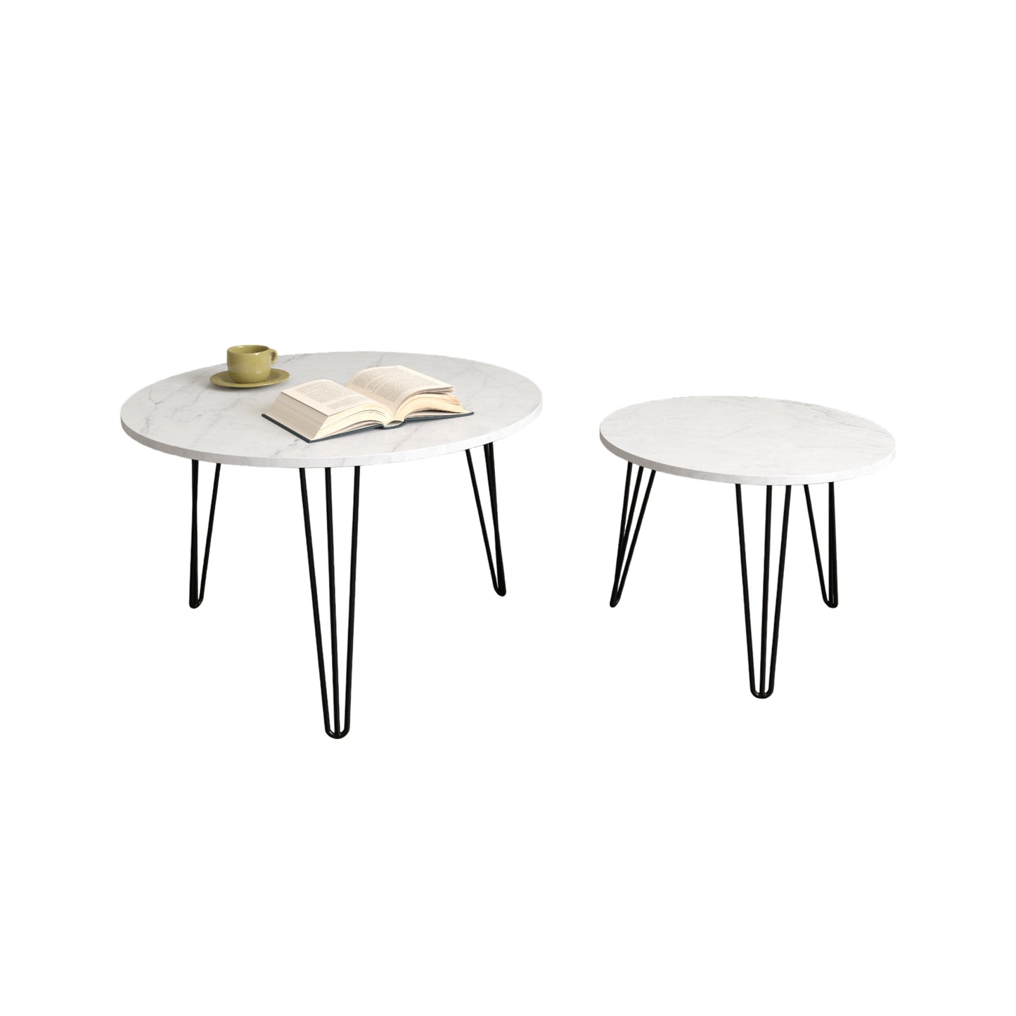 27.56'' Round Nesting Coffee Table Set of 2,  Circular Nesting End Table Set, Round Marble Tabletop, and Sturdy Metal Base for Living Room, bedroom, White