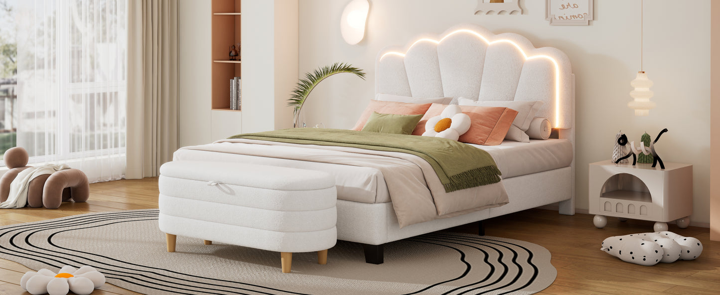 2-Pieces Bedroom Sets Full Size Flower-Shaped Upholstered LED Platform Bed with Storage Ottoman-Sherpa Fabric, White