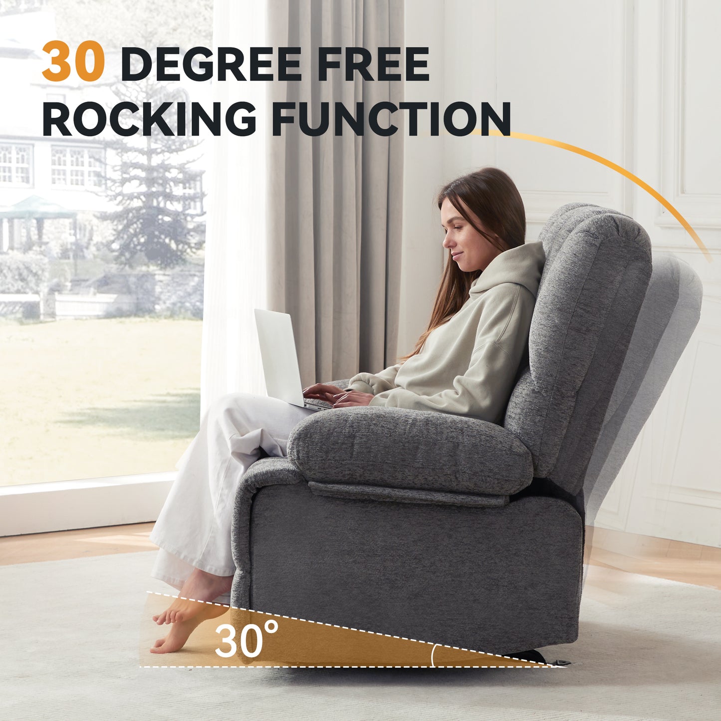 Oversize Rocker Recliner Chair for Adults, Extra Wide Rocking Recliner Chair Manual Recliner, Bid Man Recliners, Limestone Grey