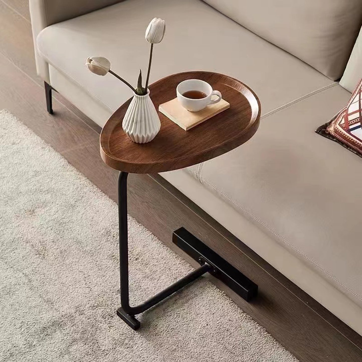 Brown C-shaped Side Table, Small Sofa Table for Living room