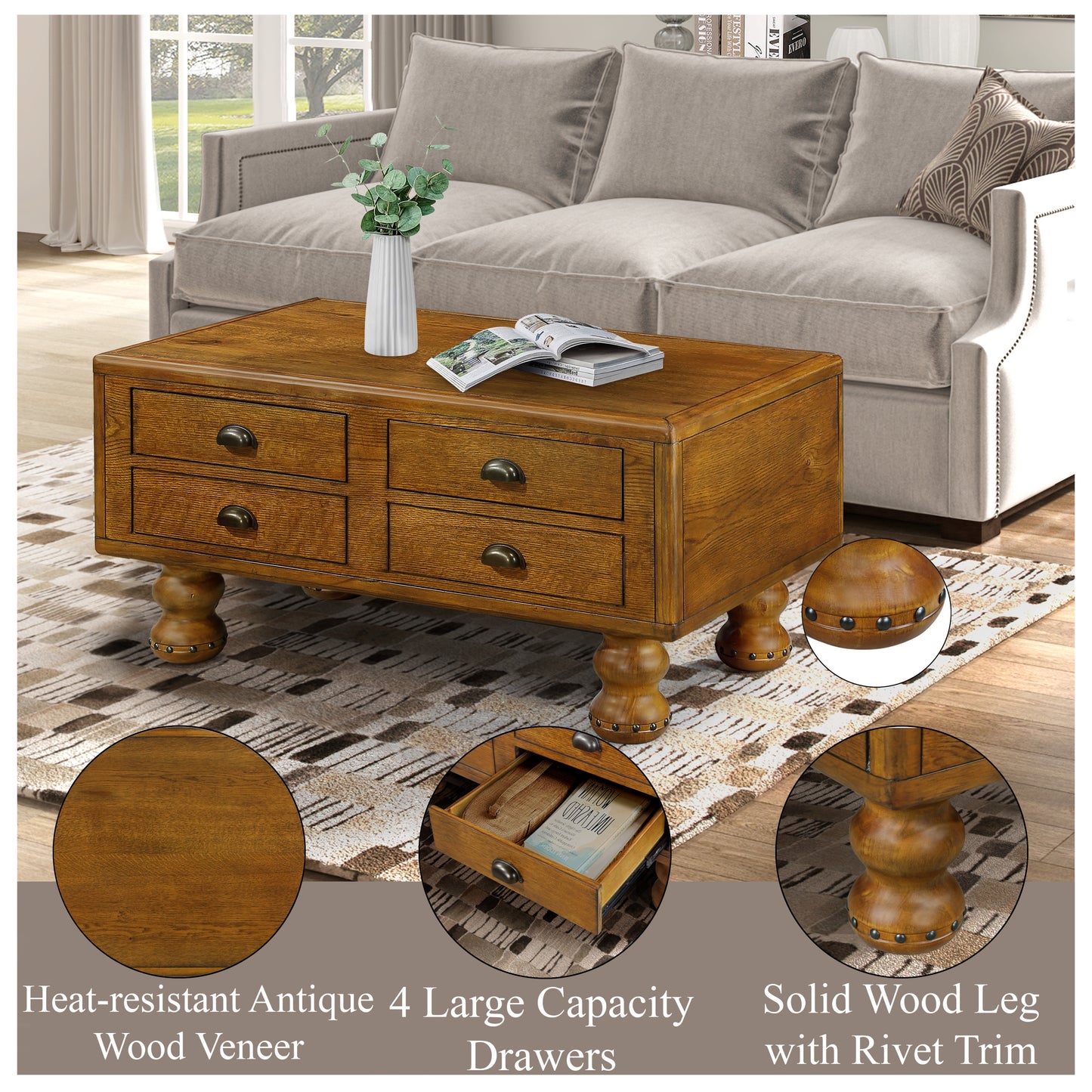 Rectangle Living Room Coffee Table Set,  3-Piece Solid Wood Living Room Table Set, 1 Coffee Table and 2 End Table, Wood Center Tea Table Set with Rivet Decoration Legs.Easy Assembly,  Antique Brown