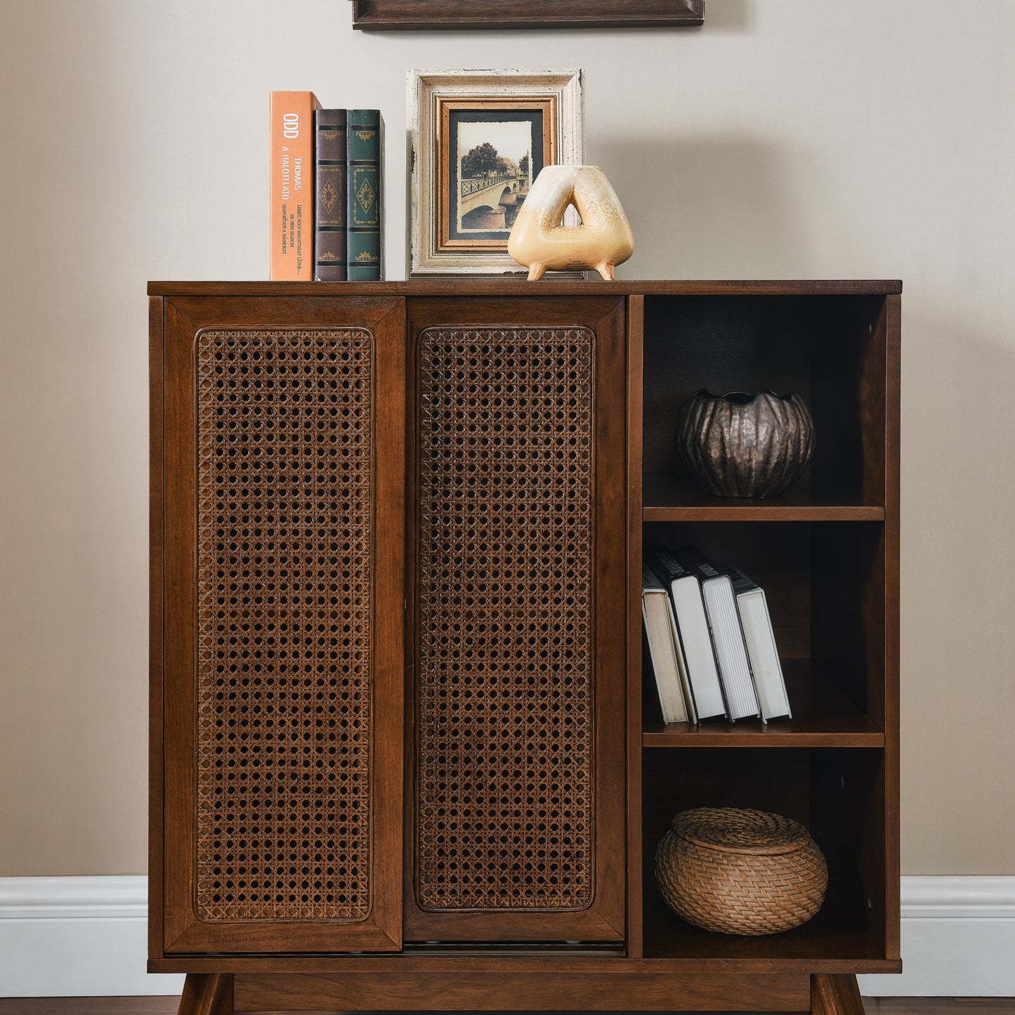 Mid Century Modern Rattan Sideboard Cabinet, Buffet Cabinet for Entryway Hallway Living Room Kitchen Dining Room Bedroom, Adjustable Shelf & Solid Wood Feet & Rattan Cabinet Doors - Dark Wood