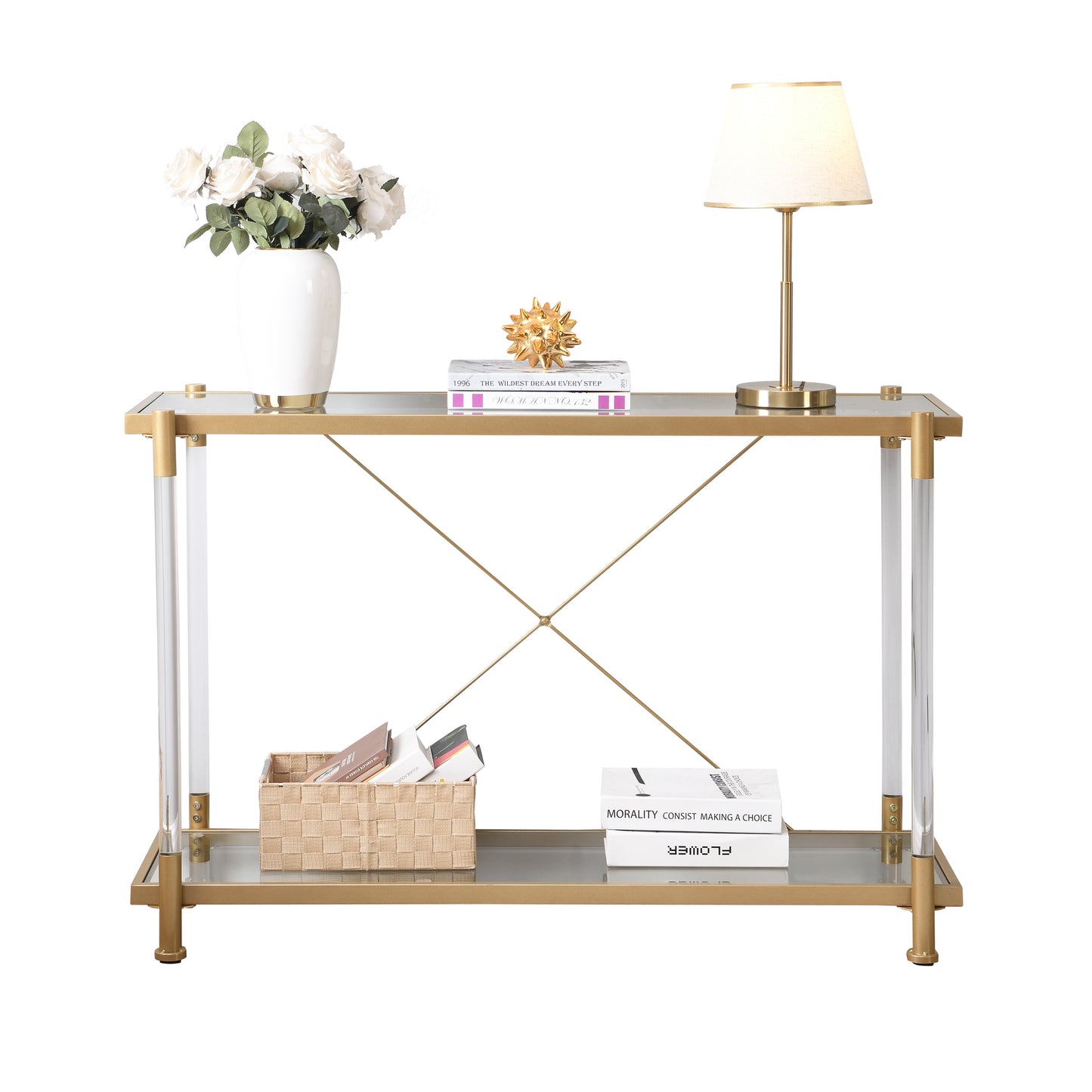Acrylic Glass Side Table, Golden Sofa Table, Console Table for Living Room& Bedroom