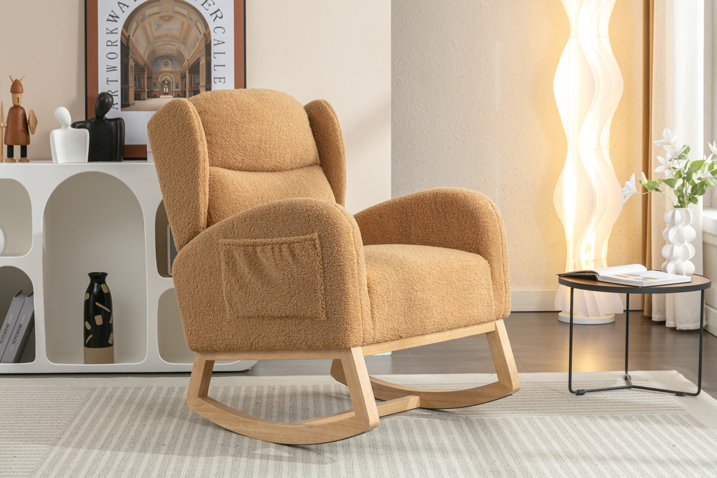 049-Teddy Fabric Rocking Chair With Packet Wood Legs,Khaki