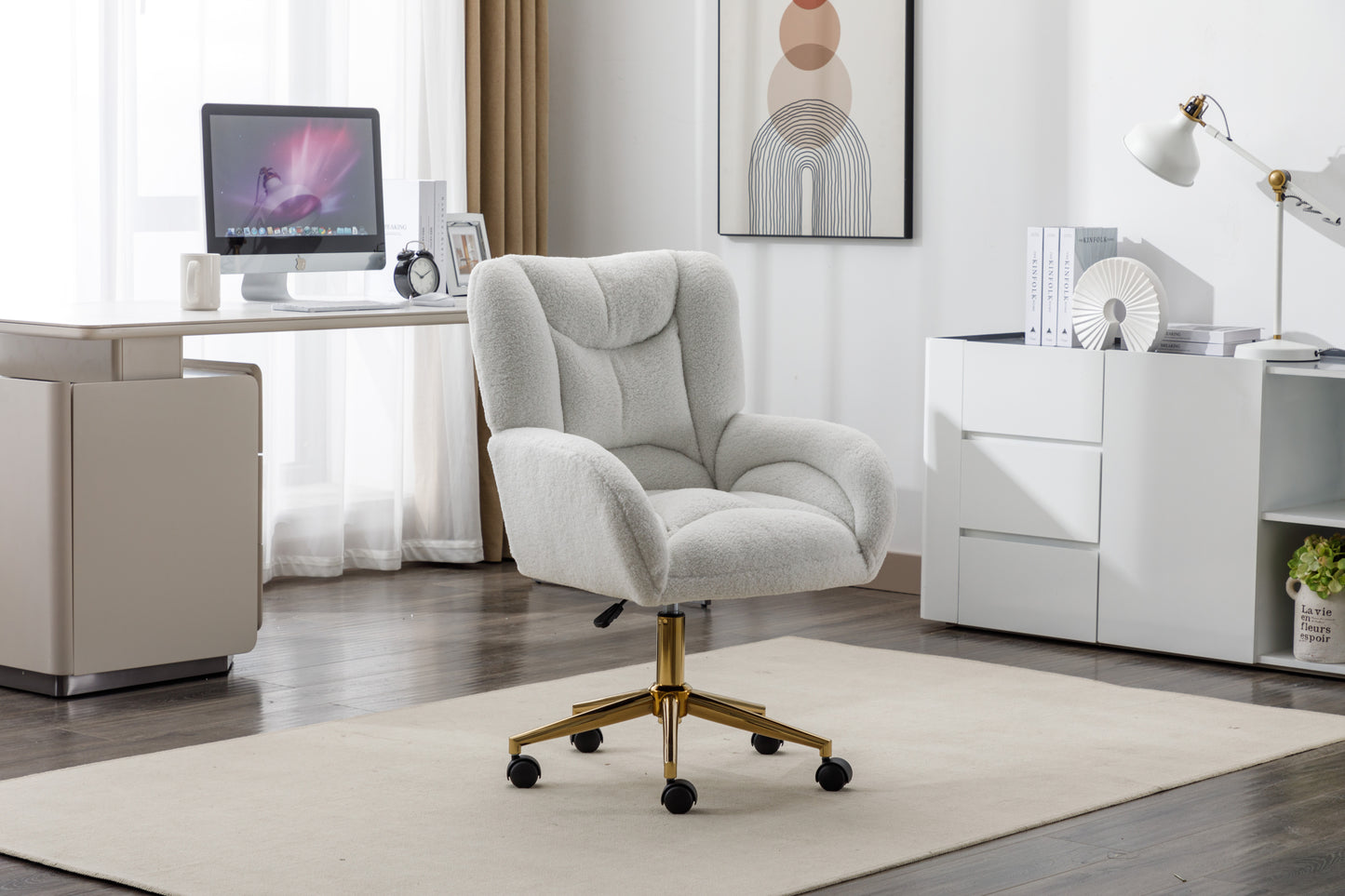 005-Teddy Fabric 360 Swivel Home Office Chair With Gold Metal Base And Universal Wheels,Ivory