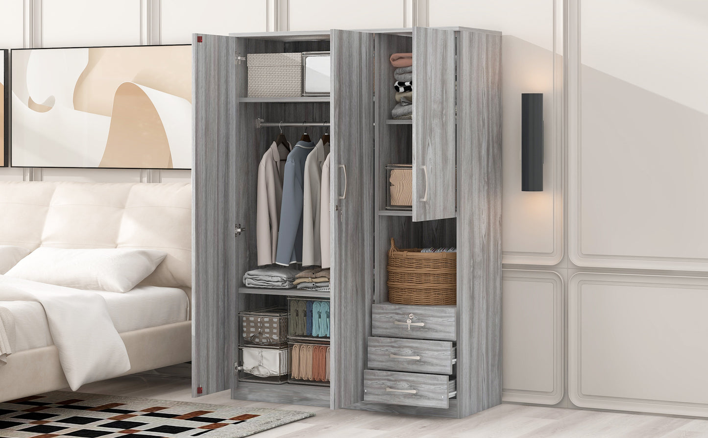 2-Doors Wooden Wardrobe Storage for Bedroom, with Shelves and 3 Drawers, Gray