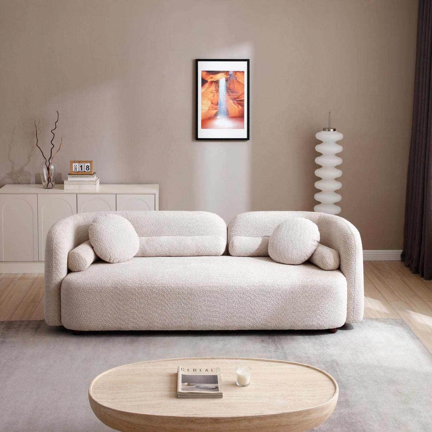 Luxury Modern Couch for Living Room, Beige Boucle Fleece Upholstered Comfy Couch for Apartment Home Office, 3 Seater, Light Beige