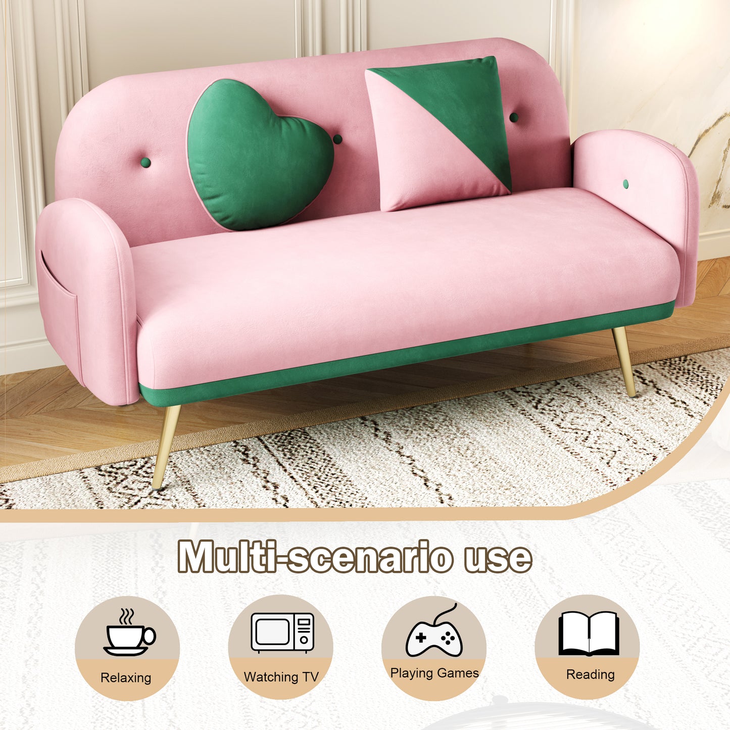 2156 sofa includes 2 pillows 58" pink velvet sofa for small spaces