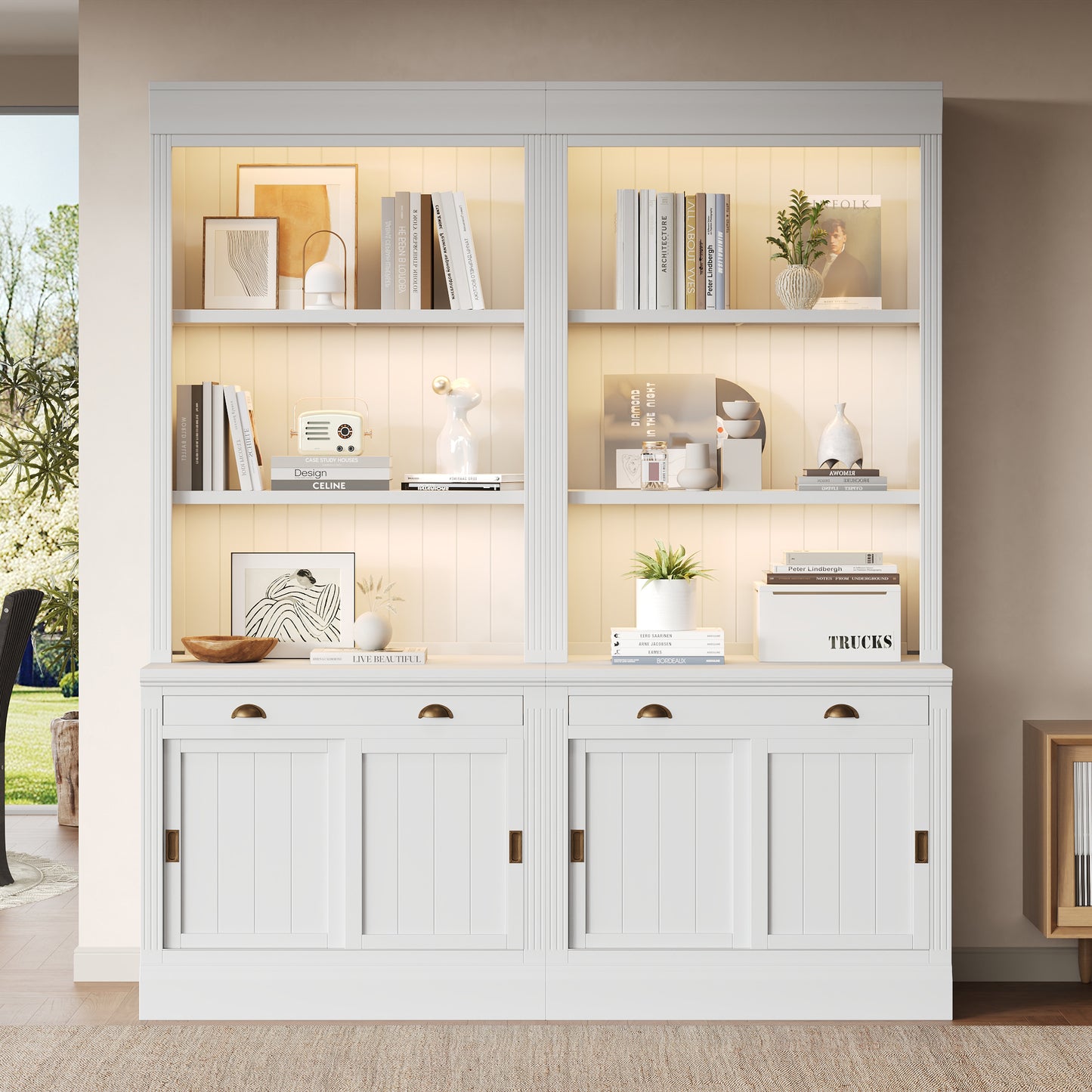 83.4'Tall Bookshelf Suite with LED Lighting, Modern Bookcase Suite with Sliding Doors,Drawers and Open Shelves,Storage Bookshelf for Living Room,Home Office,White