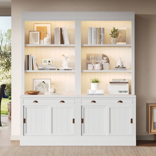 83.4'Tall Bookshelf Suite with LED Lighting, Modern Bookcase Suite with Sliding Doors,Drawers and Open Shelves,Storage Bookshelf for Living Room,Home Office,White