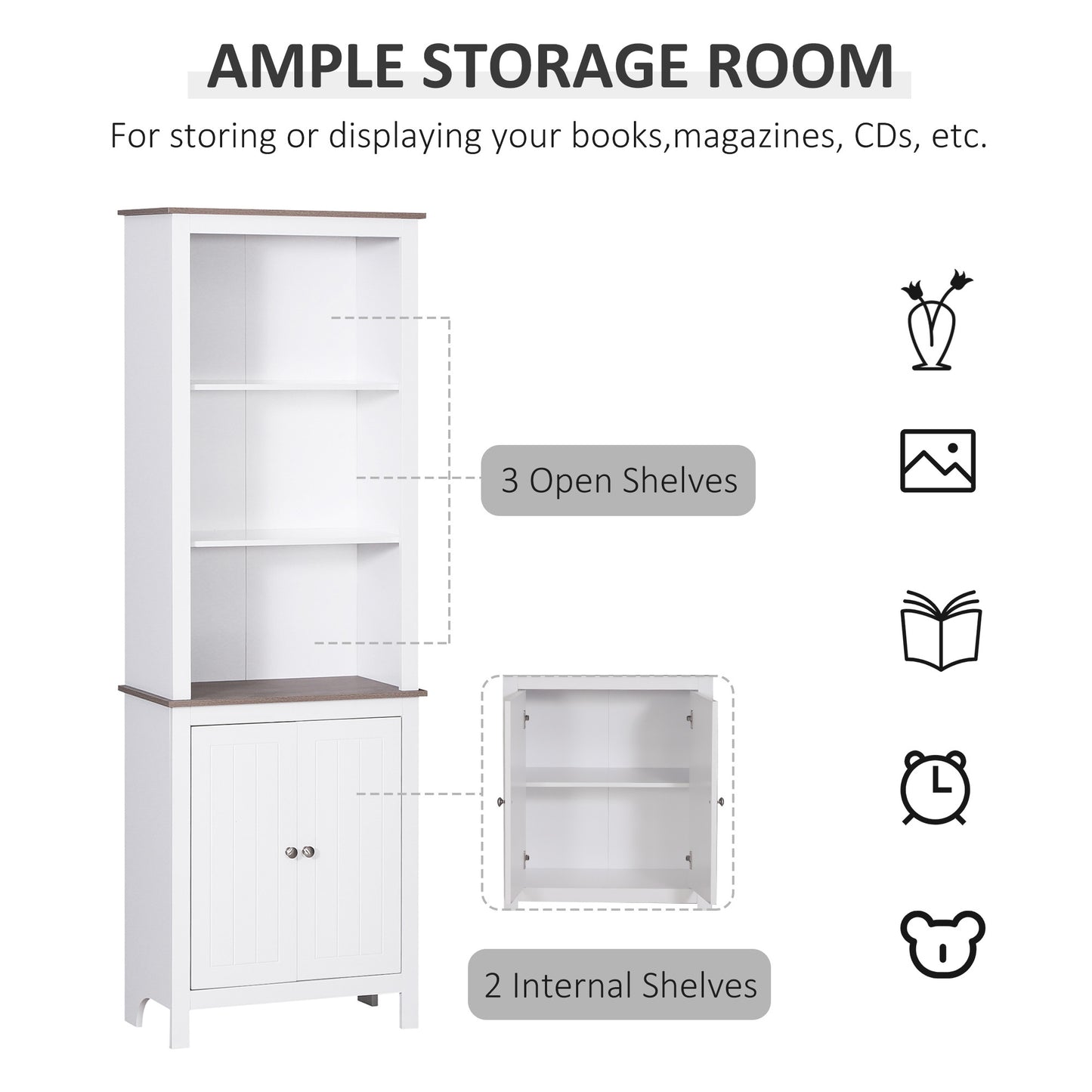 69'' Freestanding Storage Cabinet, Bathroom Linen Tower, Kitchen Cupboard, Buffet Cabinet, Bookcase with Double Door 3-Tier Shelf for Home Office, White