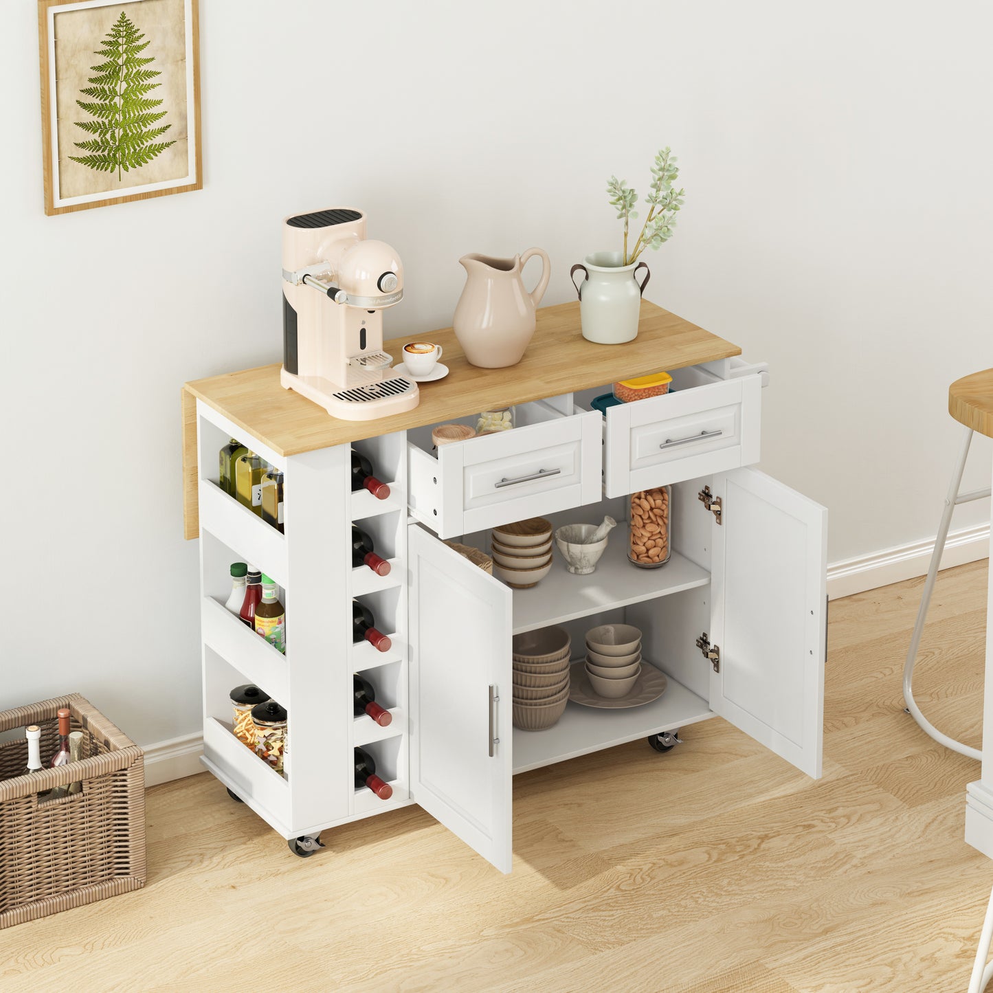 Multi-Functional Kitchen Island Cart with 2 Door Cabinet and Two Drawers,Spice Rack, Towel Holder, Wine Rack, and Foldable Rubberwood Table Top (White)