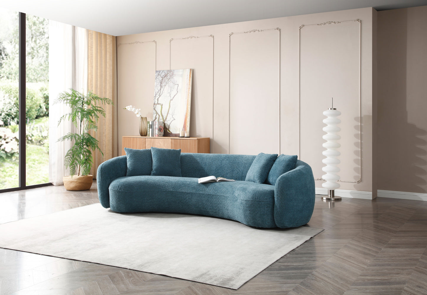 102''  Boucle Sofa Modern Sectional Half Moon Leisure Couch Curved Sofa Teddy Fleece Velet  Blue
