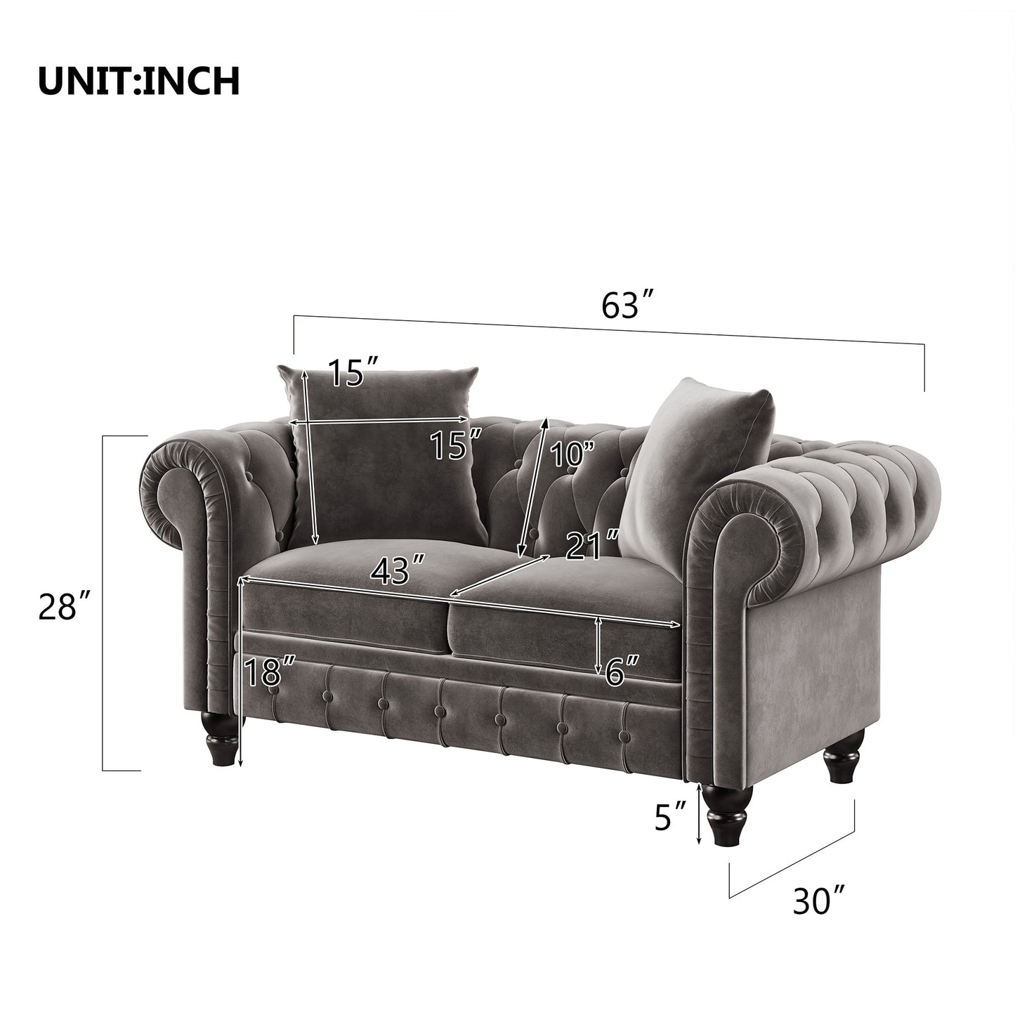 [New] 2 Pieces Chesterfield Sofa Set Button Tufted Velvet Upholstered Low Back Loveseat & 3 Seat Sofa Roll Arm Classic ，5 Pillows included,Wooden Legs