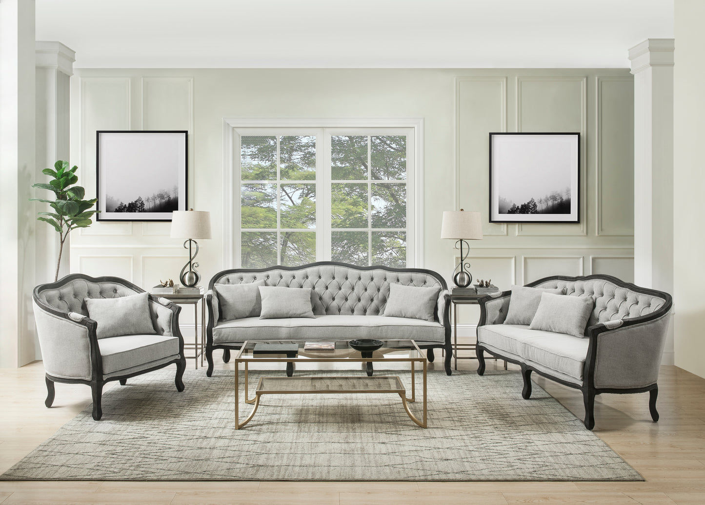 ACME Samael Sofa w/3 Pillows, Gray Linen & Dark Brown Finish LV01127