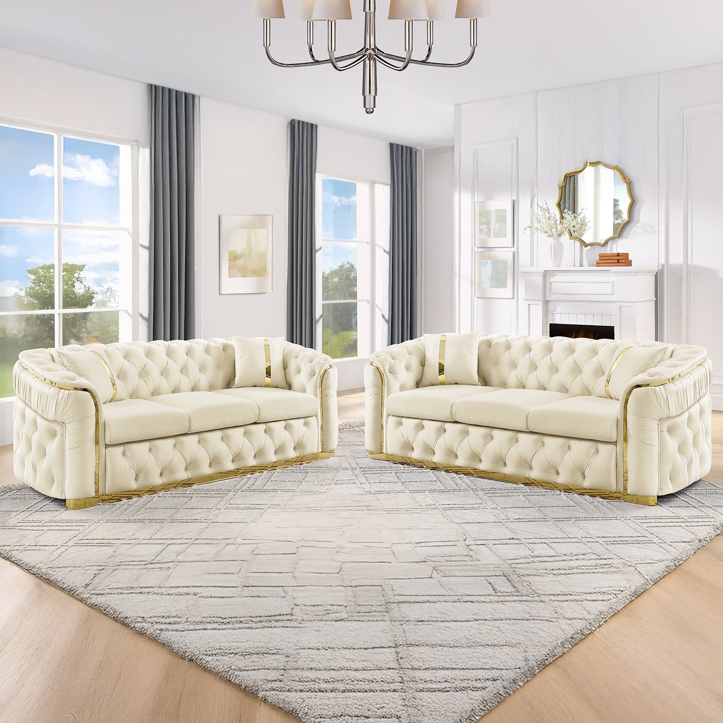 2PCS 90.6 Inches Velvet Button Tufted Sofa Couch with 2 Pillows, 3 Seater Luxury Chesterfield Sofa Set with Gold Stainless Steel Accents for Living Room, 280g Italian Velvet Beige