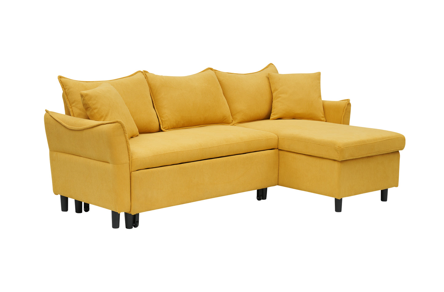 The 80-inch yellow corduroy L-shaped sofa comes with two small throw pillows that can be converted into a sofa bed for storage