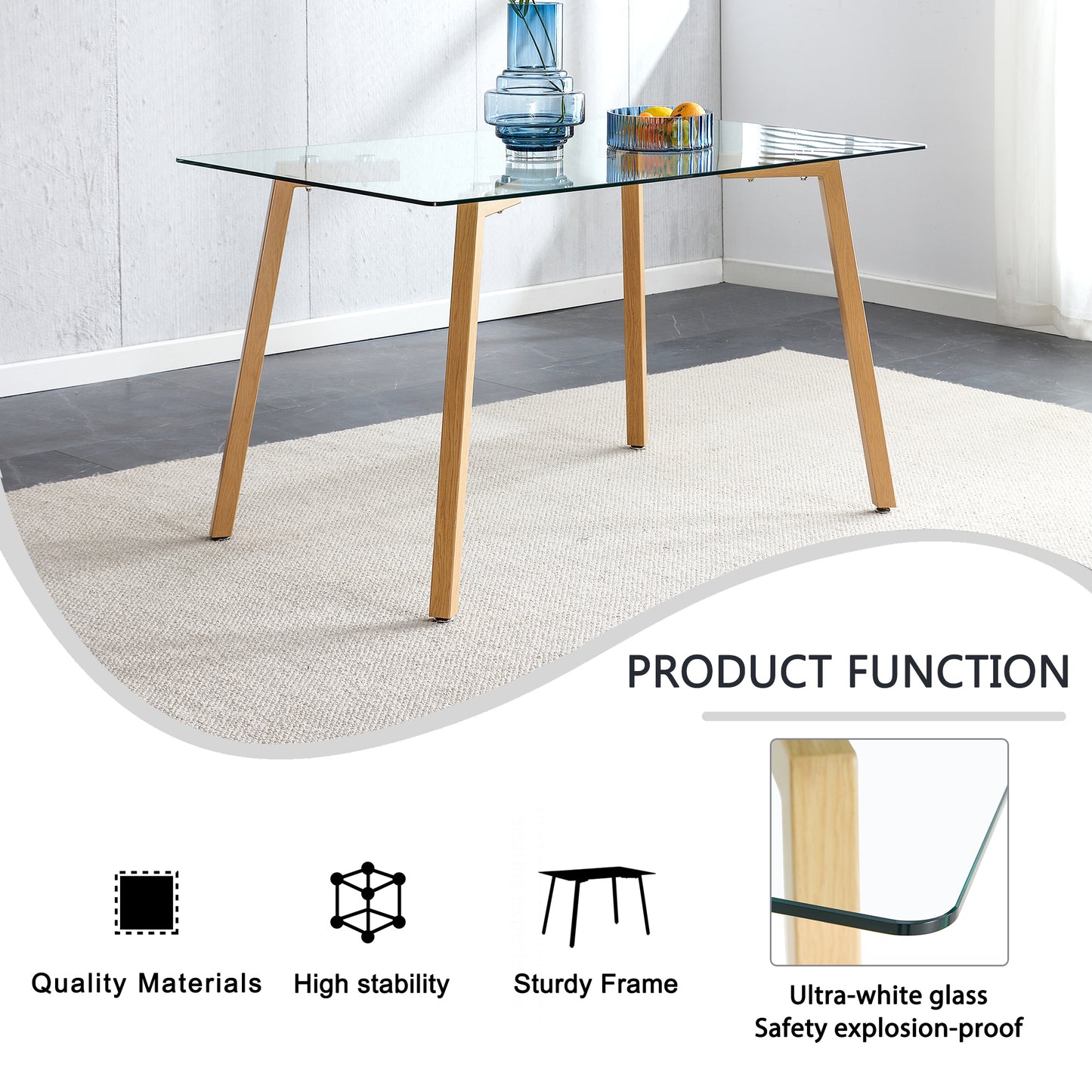 Glass dining table modern minimalist rectangle, 4-6, 0.31 "tempered glass tabletop with wooden coated metal legs, writing desk, suitable for kitchens, restaurants, and living rooms, 51" W x 31"D x 30"