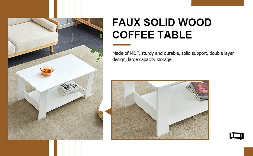 A modern and practical white coffee table. The double layered coffee table is made of MDF material,. Suitable for living room, bedroom, and study. CT-16