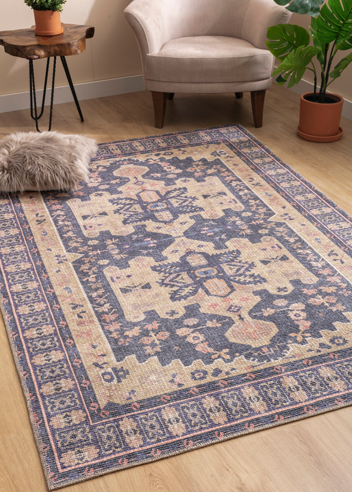 Traditional, Transitional, Oriental, Medallion, Border, Distressed Textured Cut and Loop Pile 7'6" x 10' Rectangle Area Rug