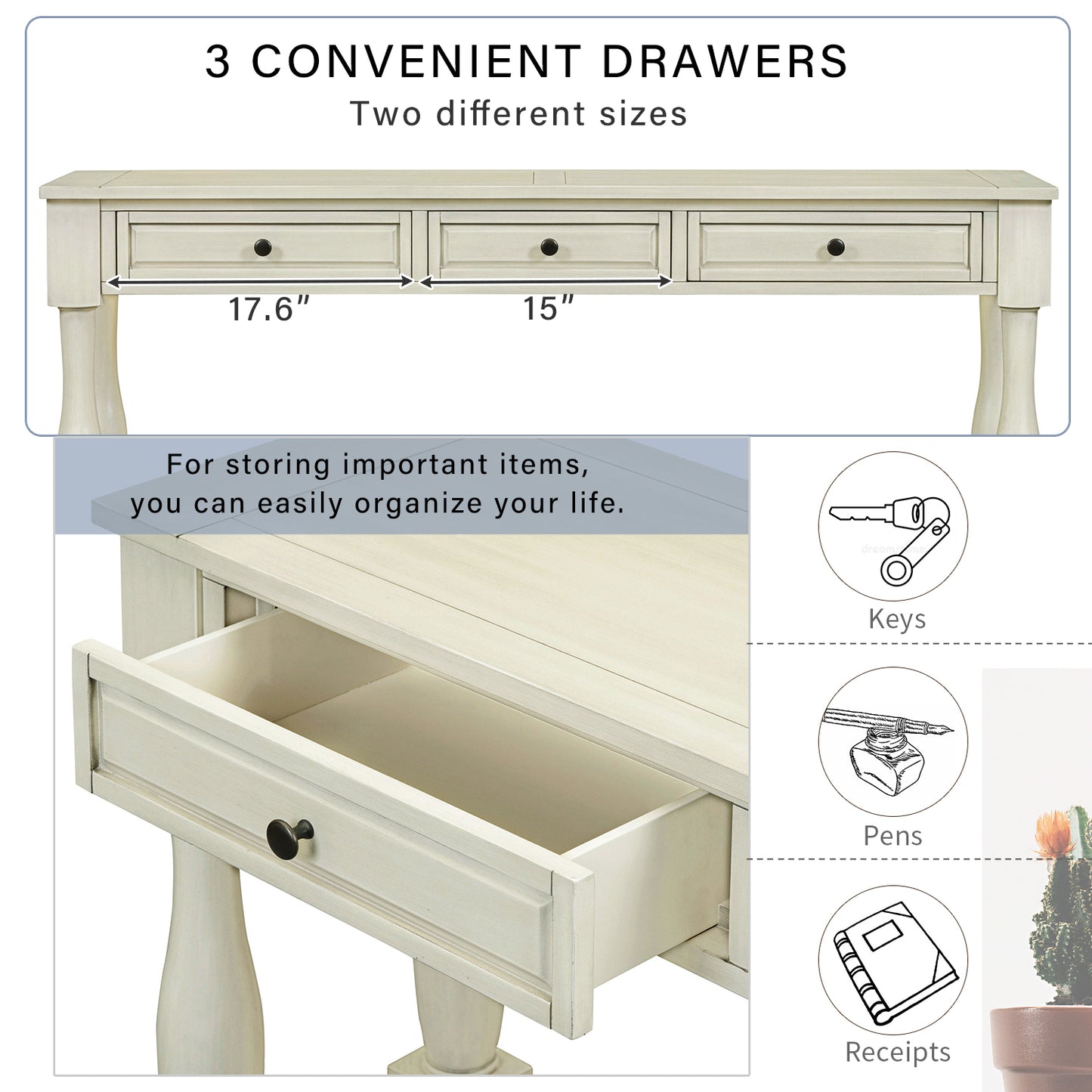 TREXM Console Table 63" Long Console Table with Drawers and Shelf for Entryway, Hallway, Living Room (Antique White, OLD SKU: WF193795AAK)