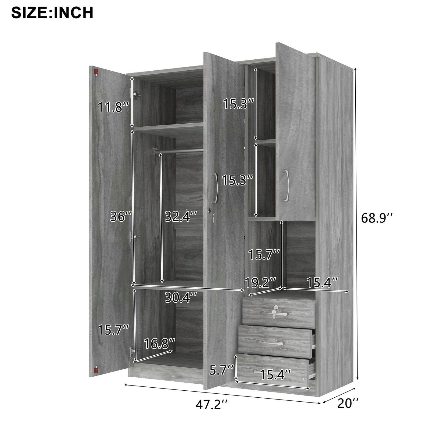 2-Doors Wooden Wardrobe Storage for Bedroom, with Shelves and 3 Drawers, Gray