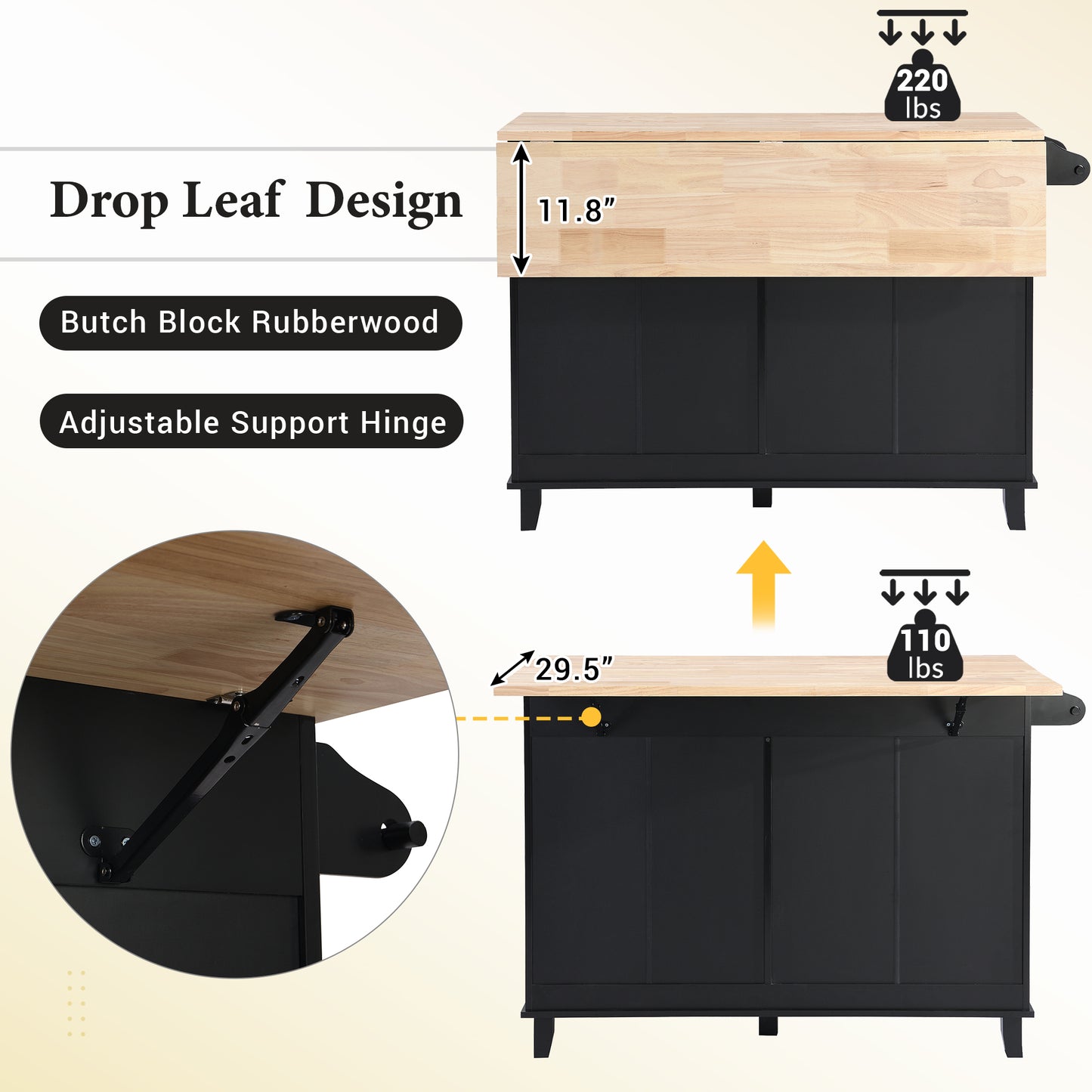 TOPMAX Farmhouse Kitchen Island Set with Drop Leaf and 2 Seatings,Dining Table Set with Storage Cabinet, Drawers and Towel Rack, Black+Rustic Brown