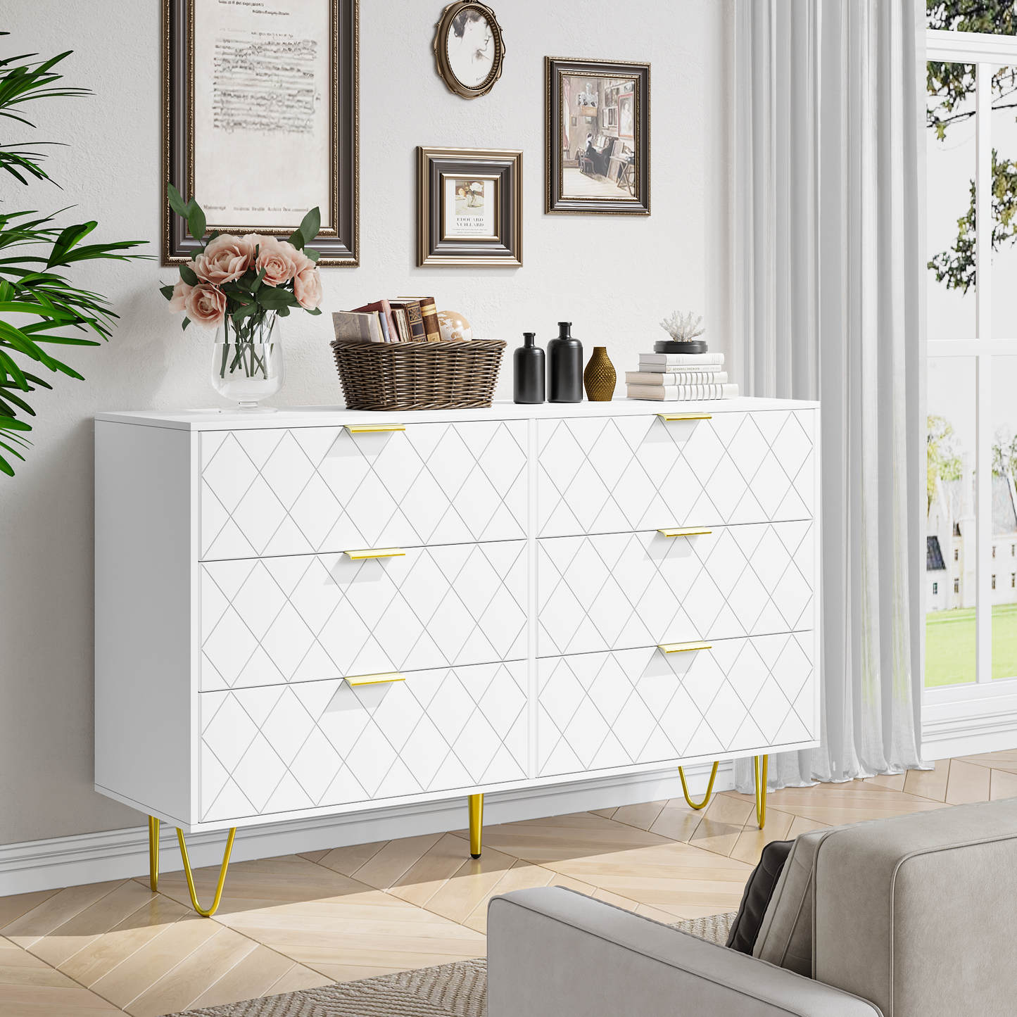 Modern white 6 Drawers for Bedroom,Big Size Wooden drawers with Gold Handles,  Chest Dresser with Deep Drawers for living room