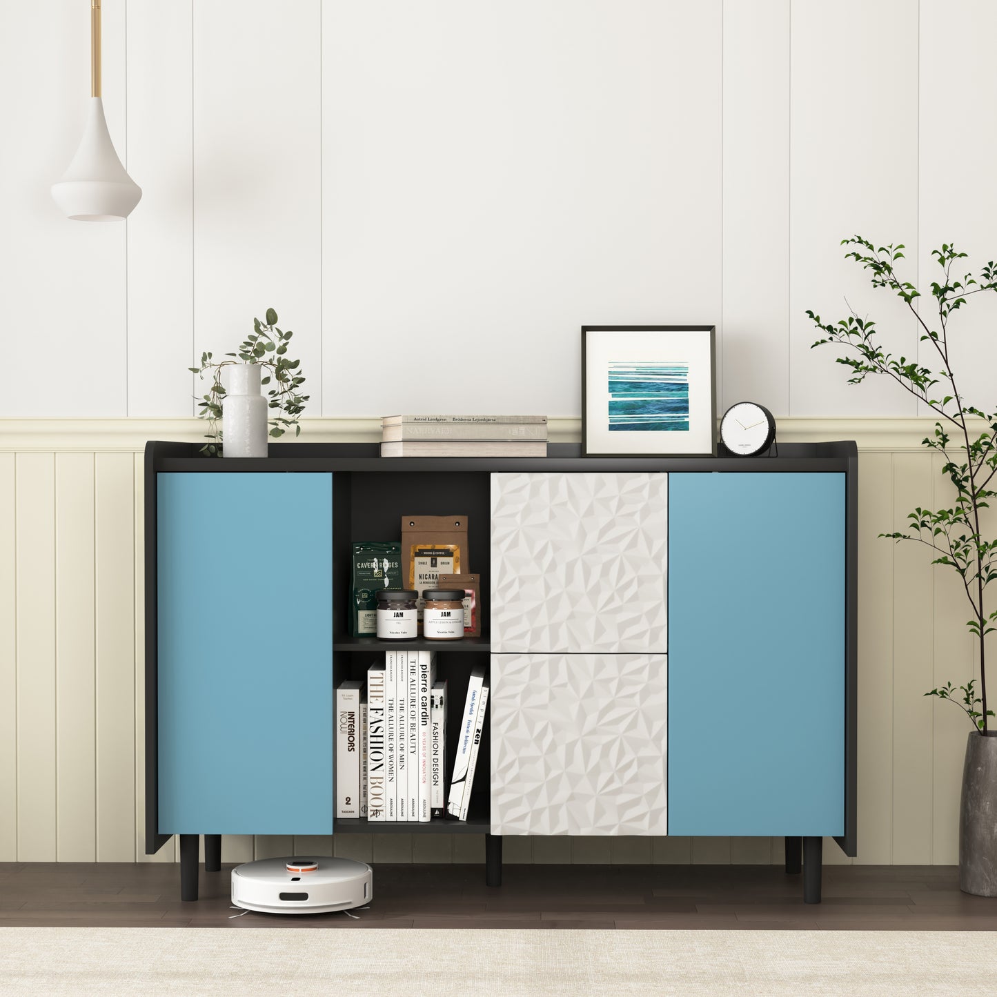 Sideboard Buffet Cabinet, Black Storage Cabinet with Blue Doors , 2 Drawers with unique panel styling and 2 Open Storage Compartment, Modern Coffee Bar Cabinet Accent Cabinet for Kitchen, Dining Room,